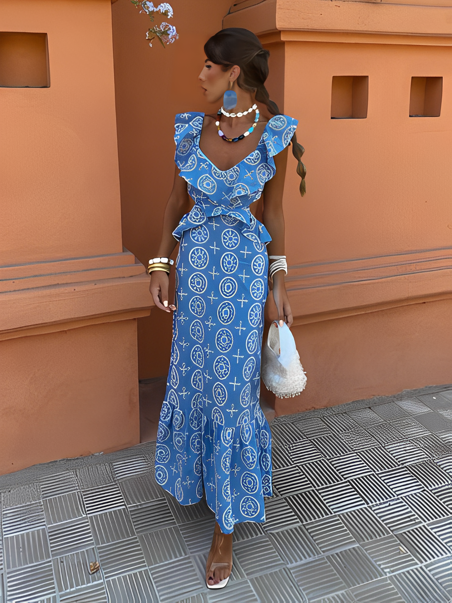 Vestido Longo Laise Recortes na Cintura e Babados - Catarina