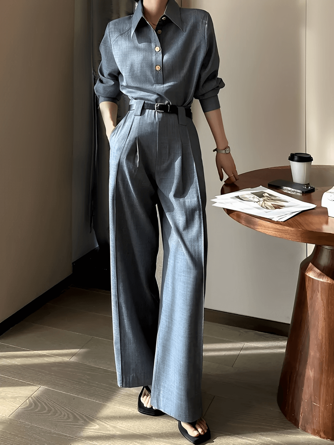 Calça Wide Leg em Alfaiataria Texturizada com Cintura Alta – Alyssa