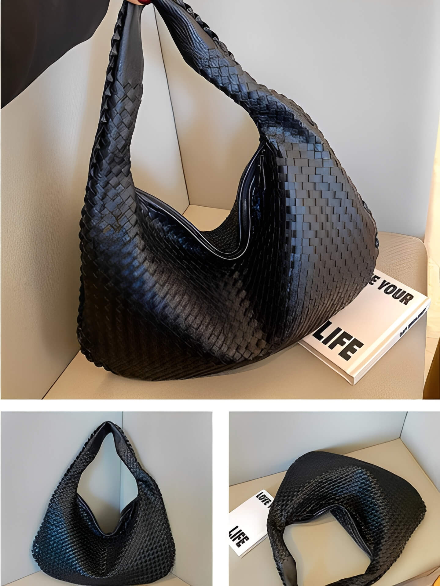 Bolsa Feminina de Ombro Meia Lua em Couro PU Trançado - Antonieta