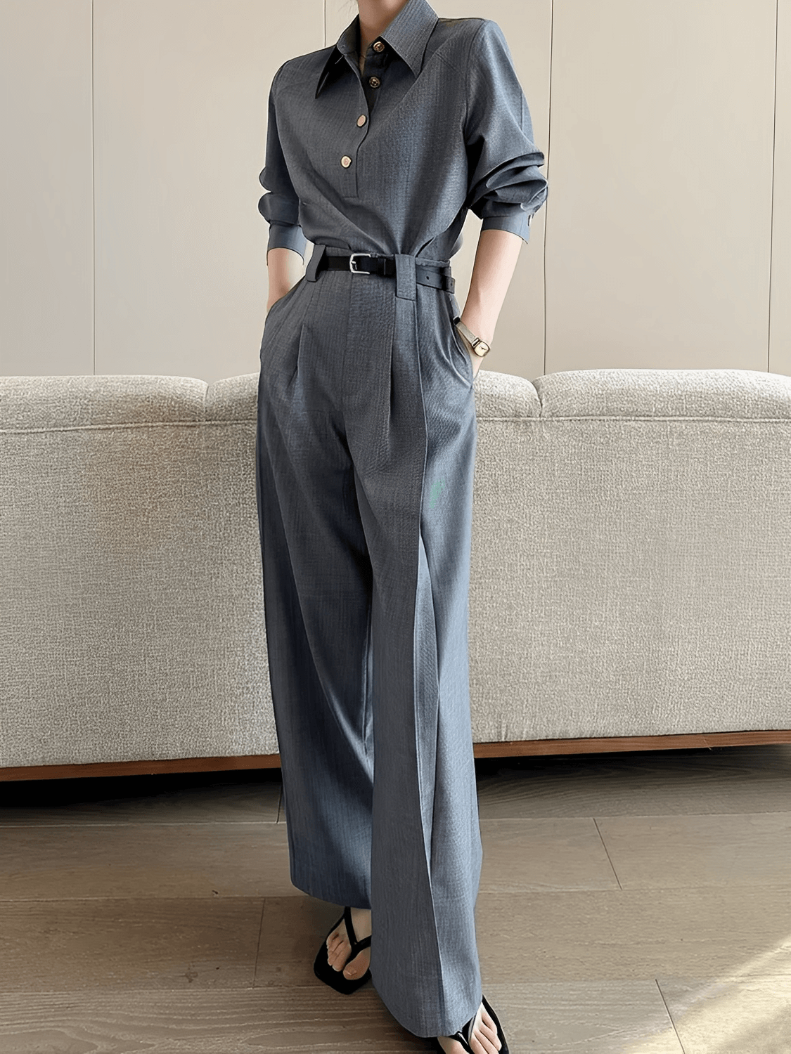 Calça Wide Leg em Alfaiataria Texturizada com Cintura Alta – Alyssa