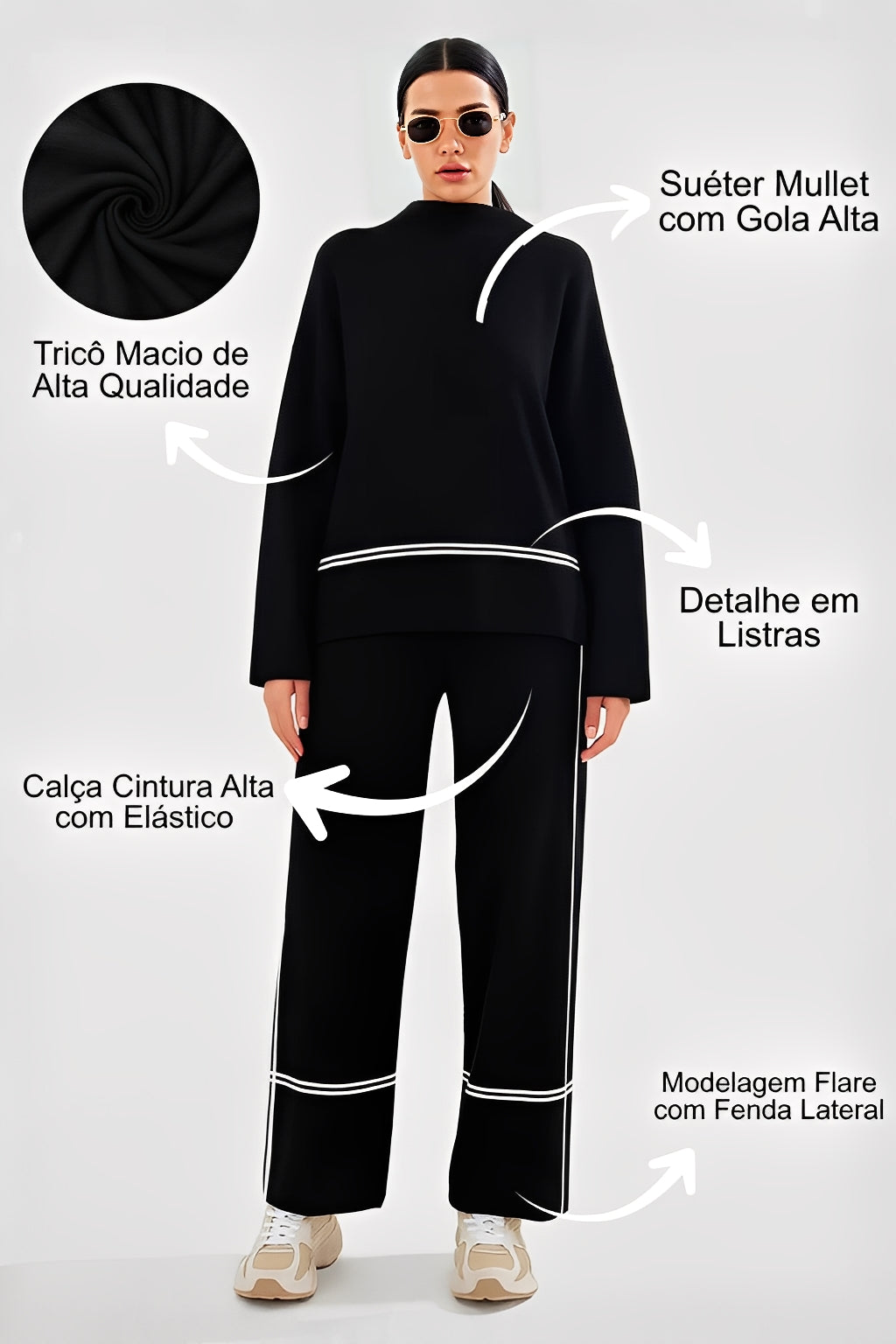 Conjunto Feminino Tricô Kim – Suéter Mullet Gola Alta + Calça Conforto Premium