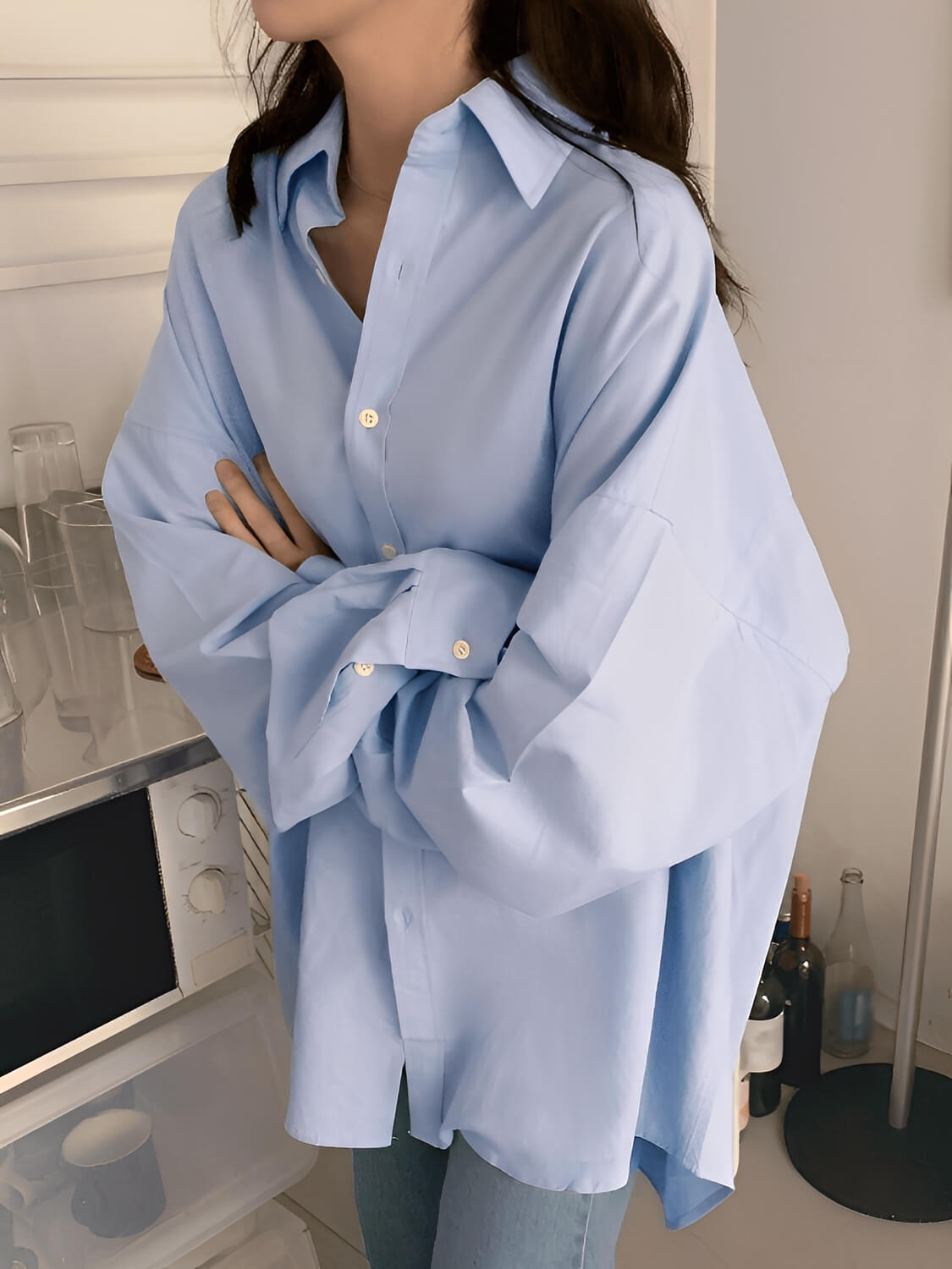 Camisa Oversized de Manga Longa com Colarinho Virado e Botões – Lane