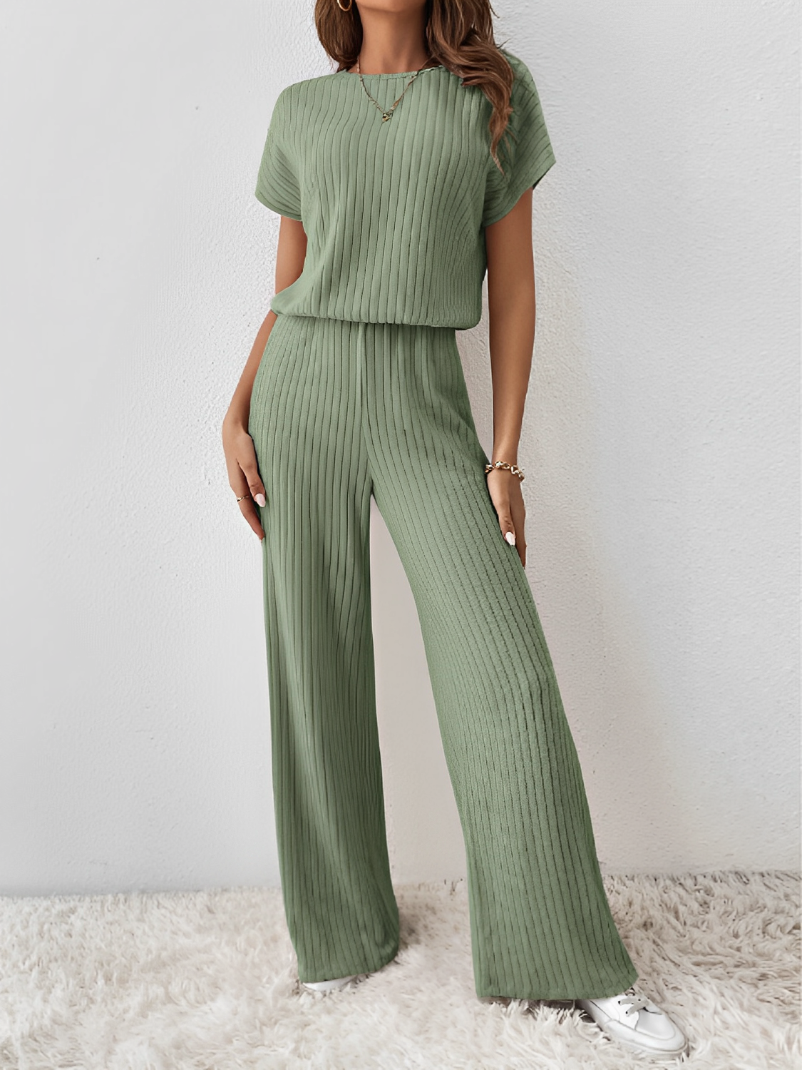 Conjunto Canelado com Blusa Manga Morcego e Calça Pantalona – Maite