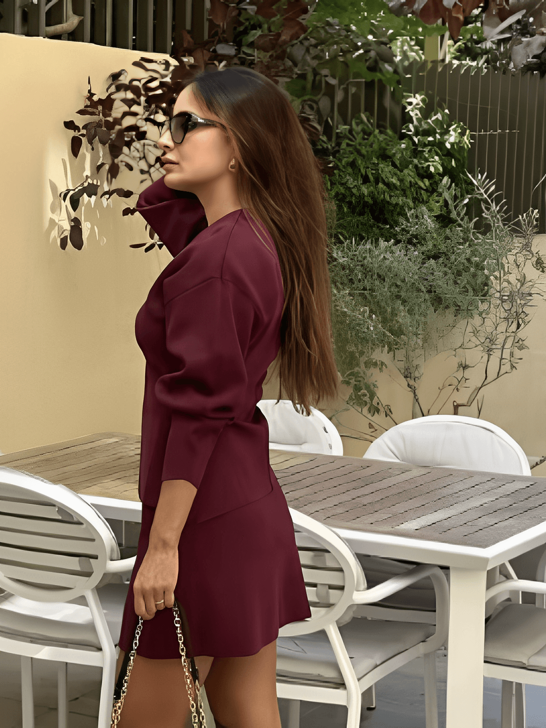 Conjunto de Tricô Suéter Gola V e Saia com Cós Elástico - Viviene