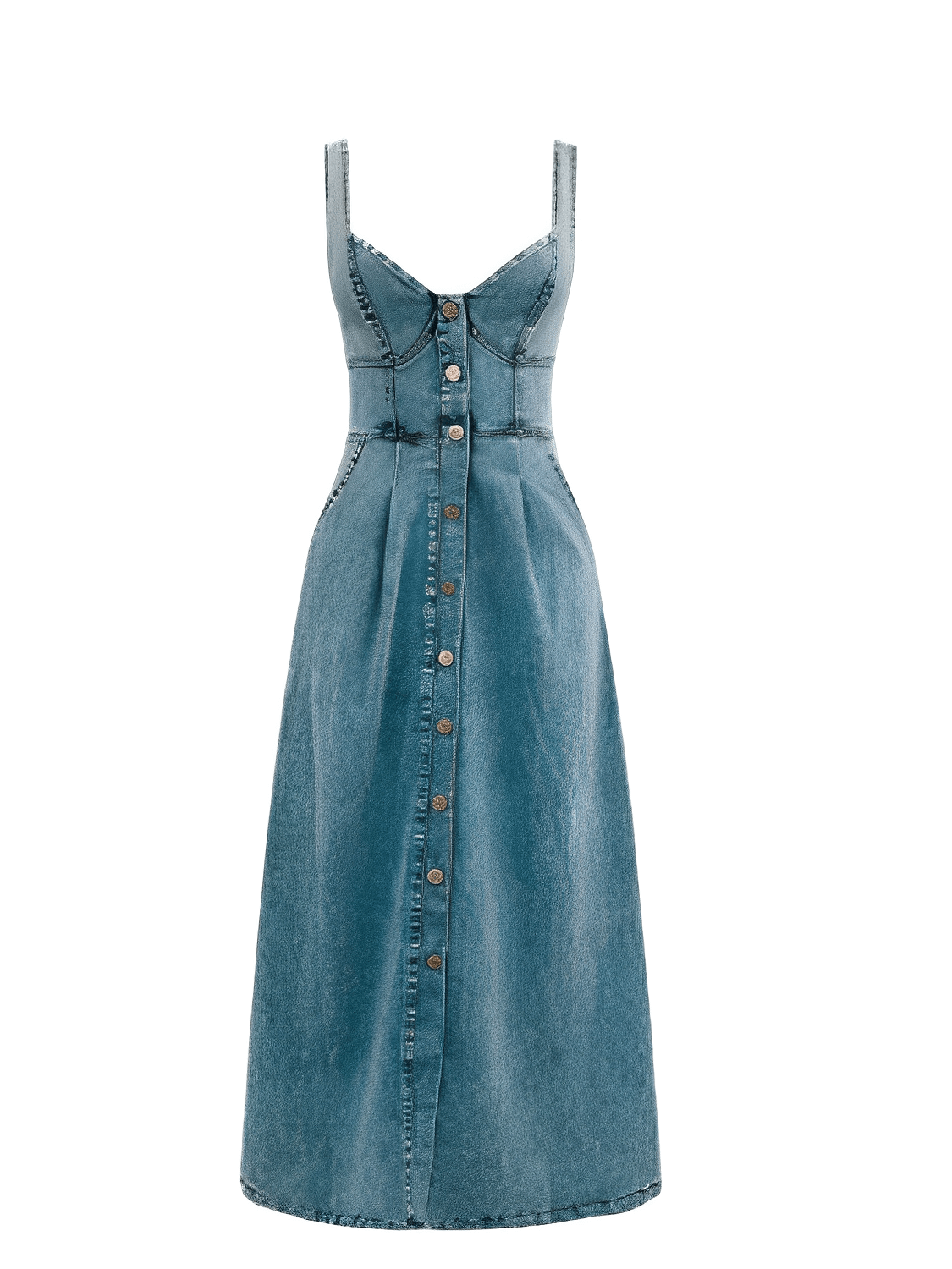 Vestido Midi Jeans com Decote Coração e Botões Frontais – Pilar