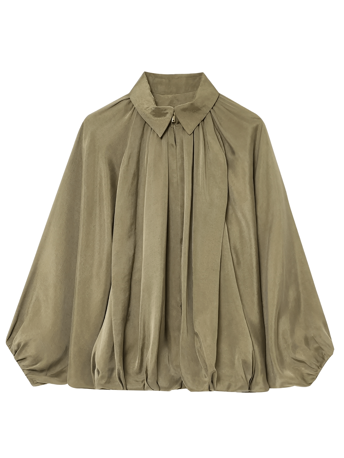 Camisa Acetinada Oversized com Manga Bufante e Zíper Frontal – Milene