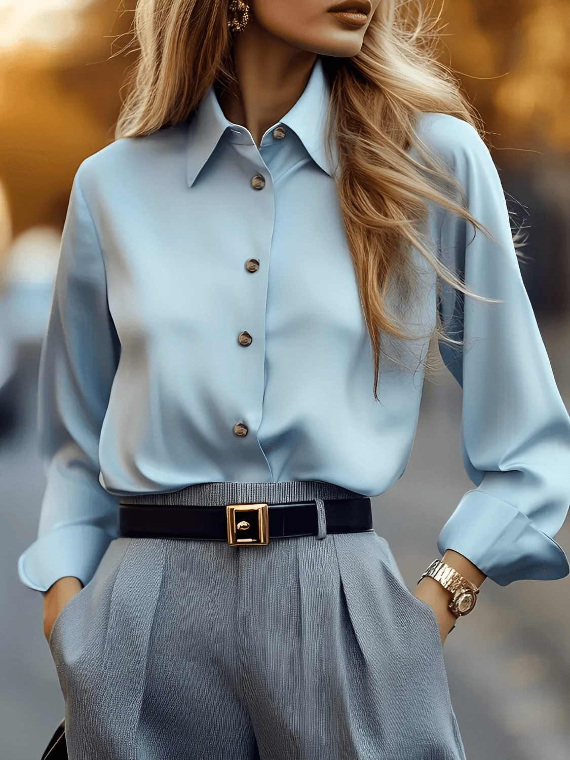Camisa Semi-Acetinada com Lapela Botões e Punhos Ajustáveis – Eva