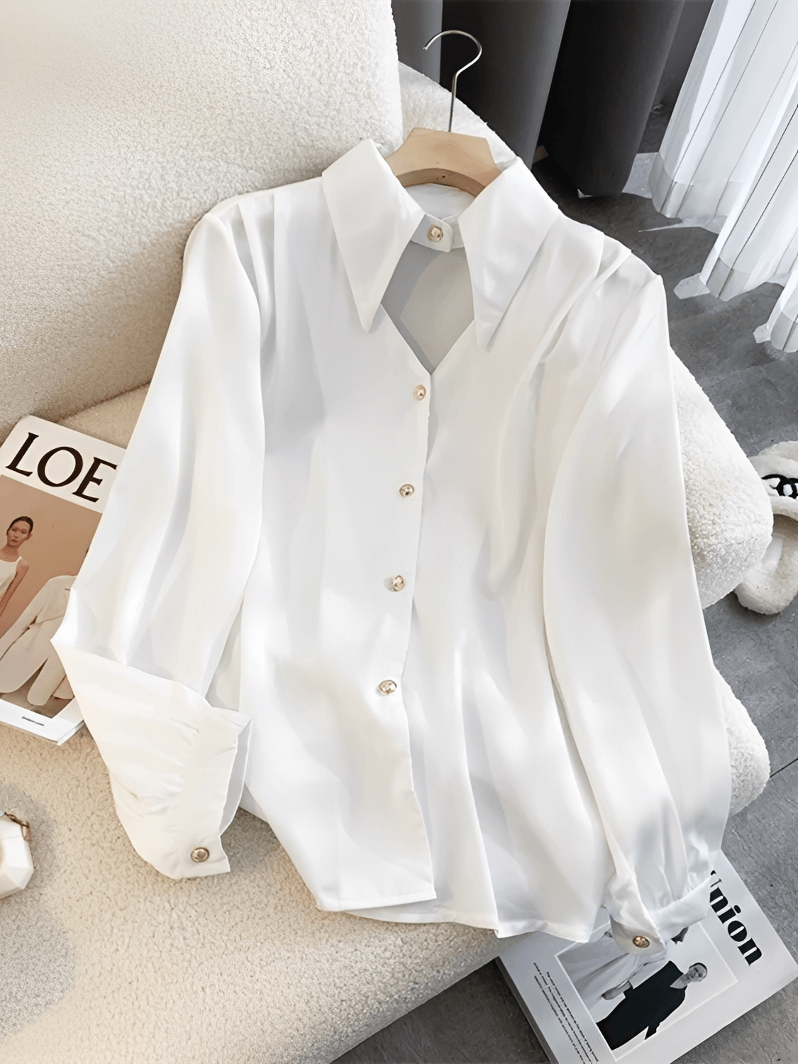 Camisa Acetinada Gola Lapela Alongada e Fecho Elegante no Pescoço – Lira