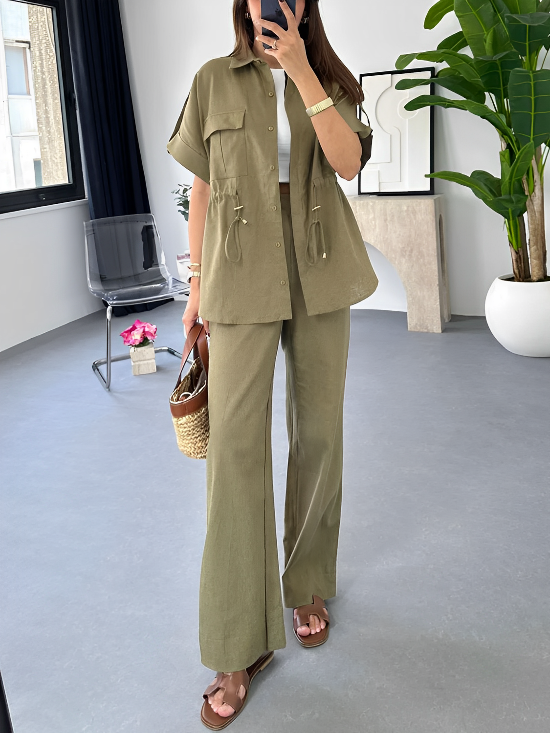 Conjunto com Camisa Oversized Ajustável e Calça Wige Leg - Olga