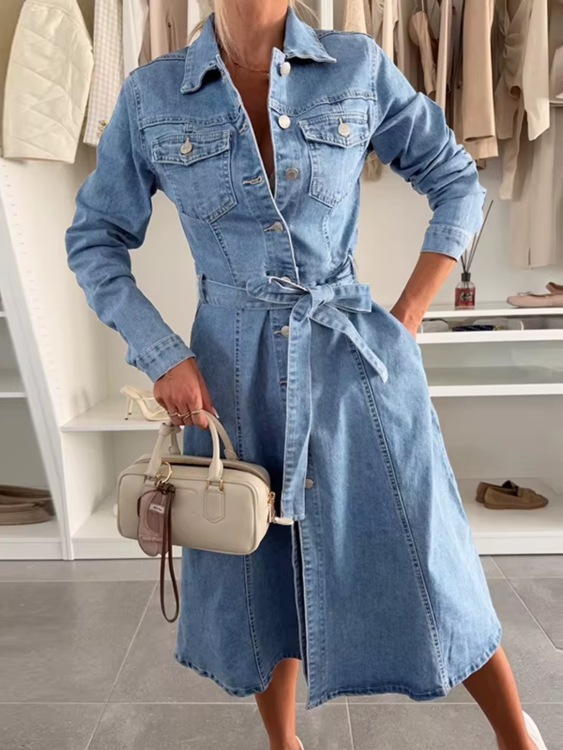 Vestido Jeans Midi Chemise com Gola Polo e Cinto-Faixa - Nadia
