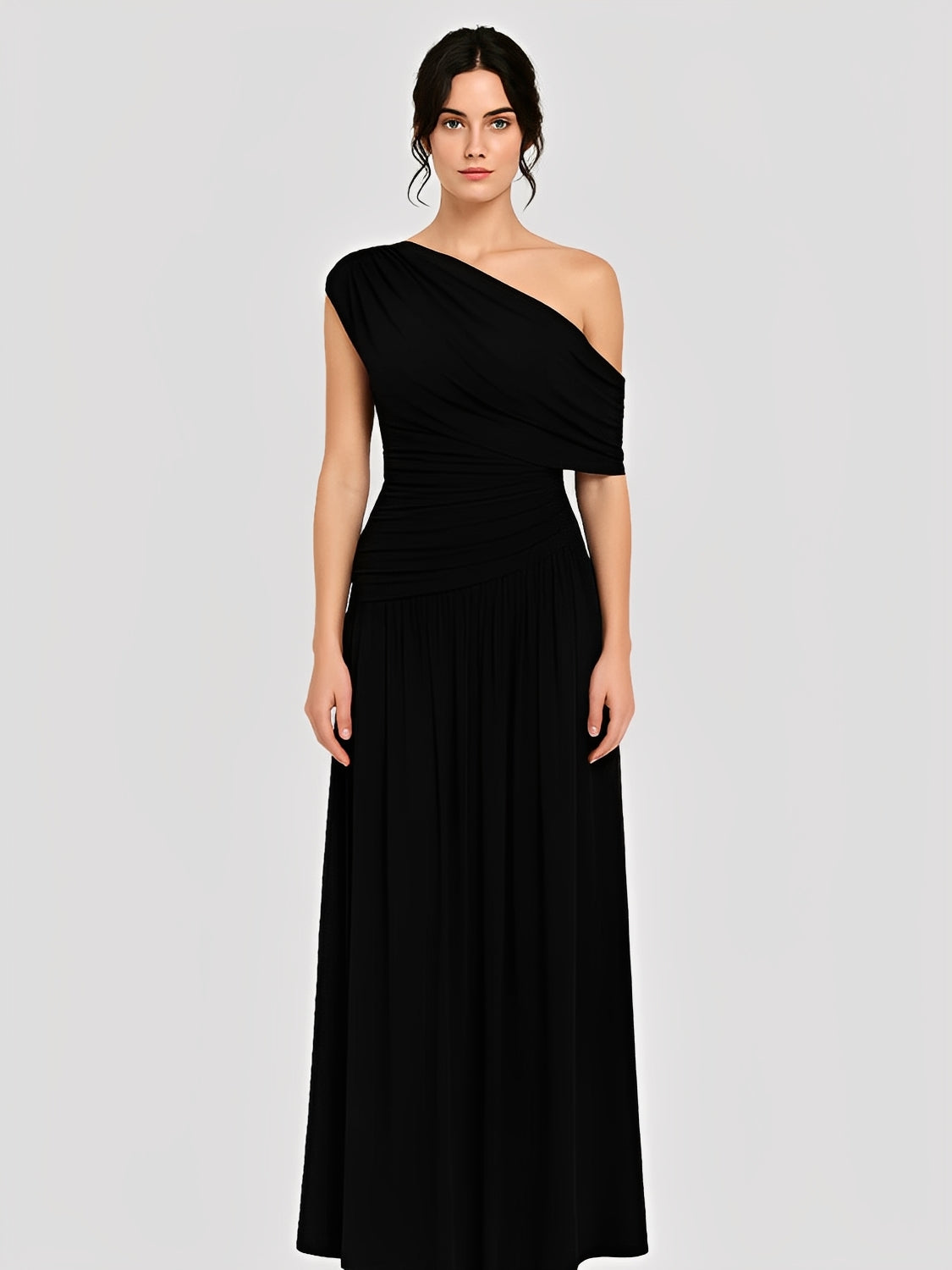 Vestido Longo Plissado Ombro Único Acinturado com Franzidos – Lunara