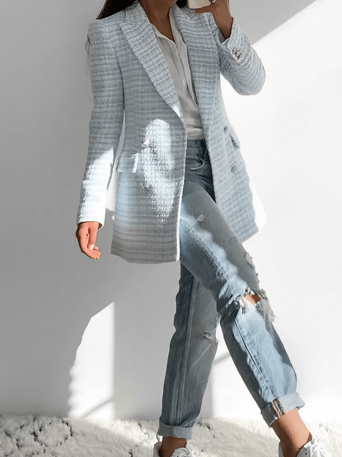 Blazer Tweed Texturizado com Fechamento Trespassado – Fiorella