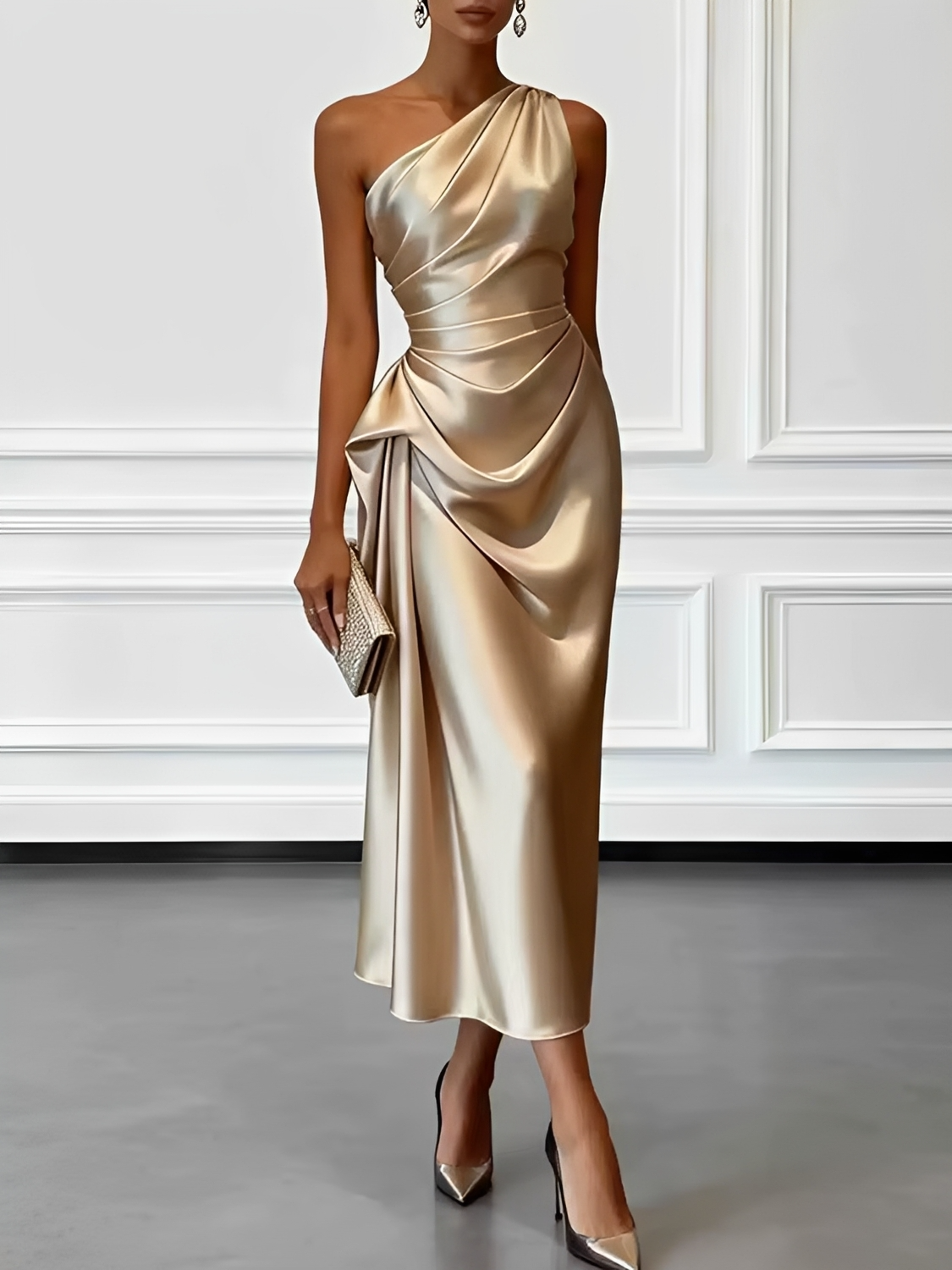Vestido Midi Acetinado Acinturado com Decote Assimétrico e Drapeado Elegante - Penelope