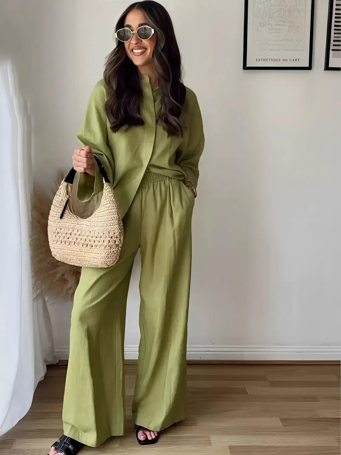 Conjunto com Camisa Manga Longa de Botões e Calça Pantalona - Daniela