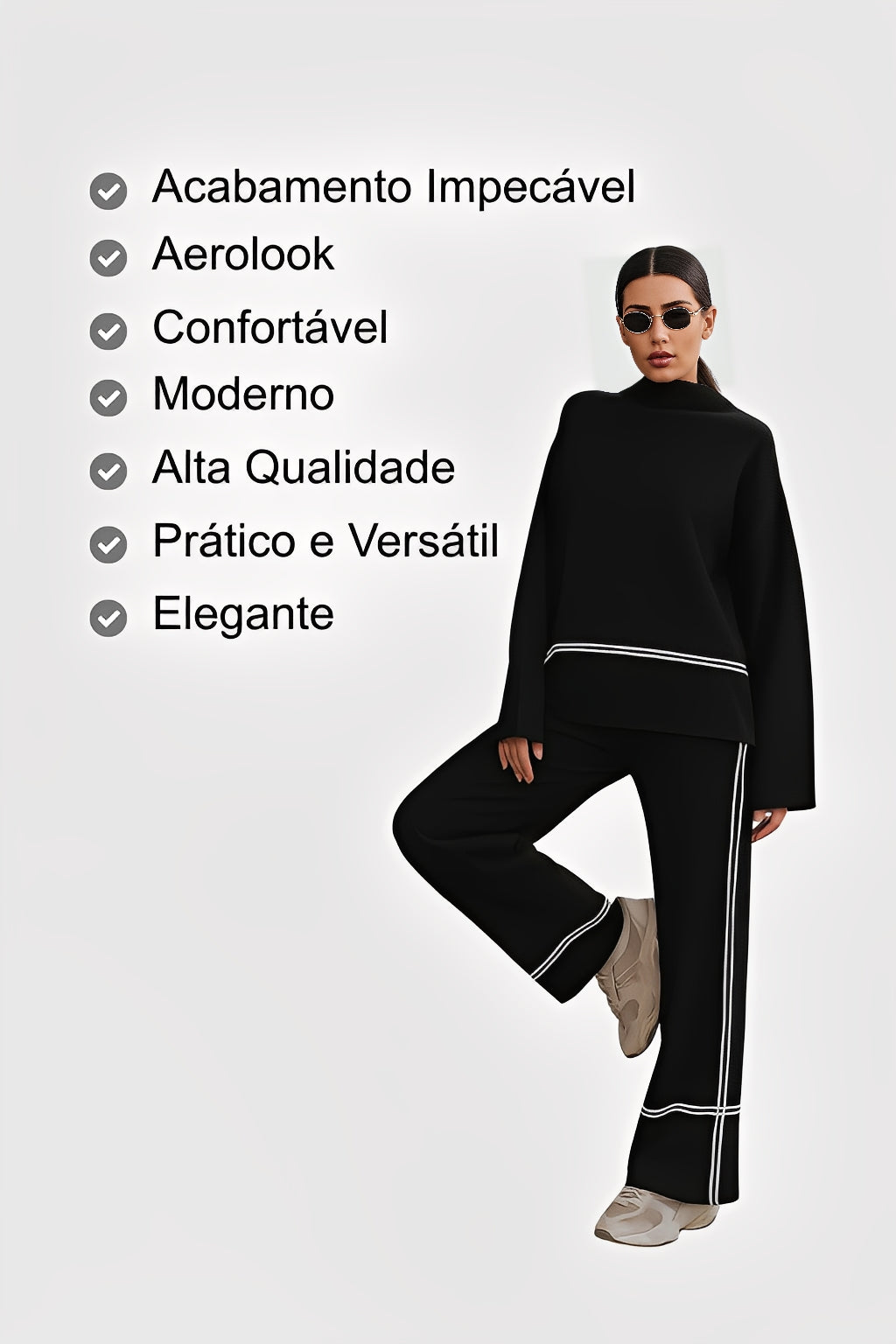 Conjunto Feminino Tricô Kim – Suéter Mullet Gola Alta + Calça Conforto Premium