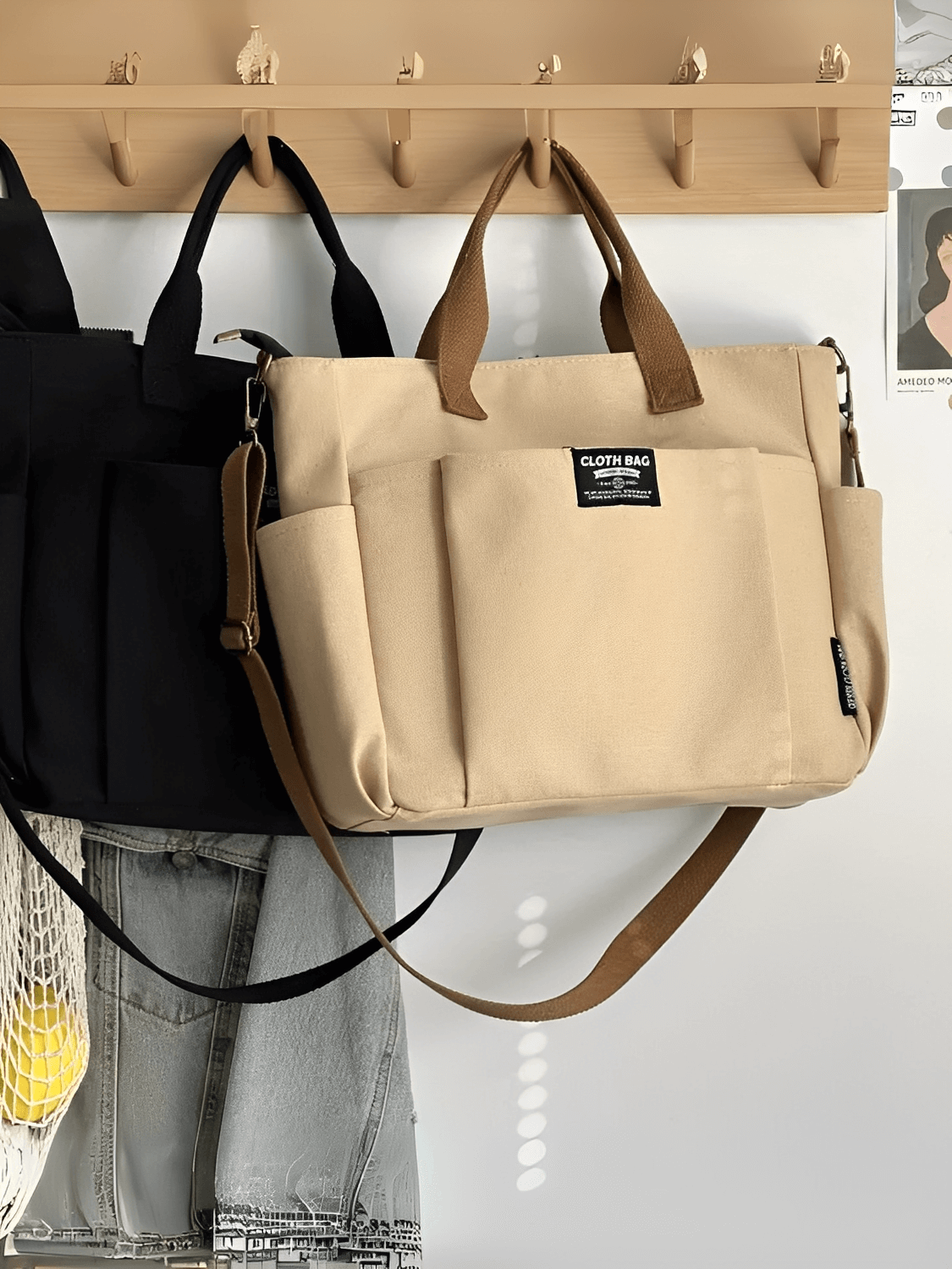 Bolsa Grande em Lona com Alça Ajustável Removível e Bolsos – Rania