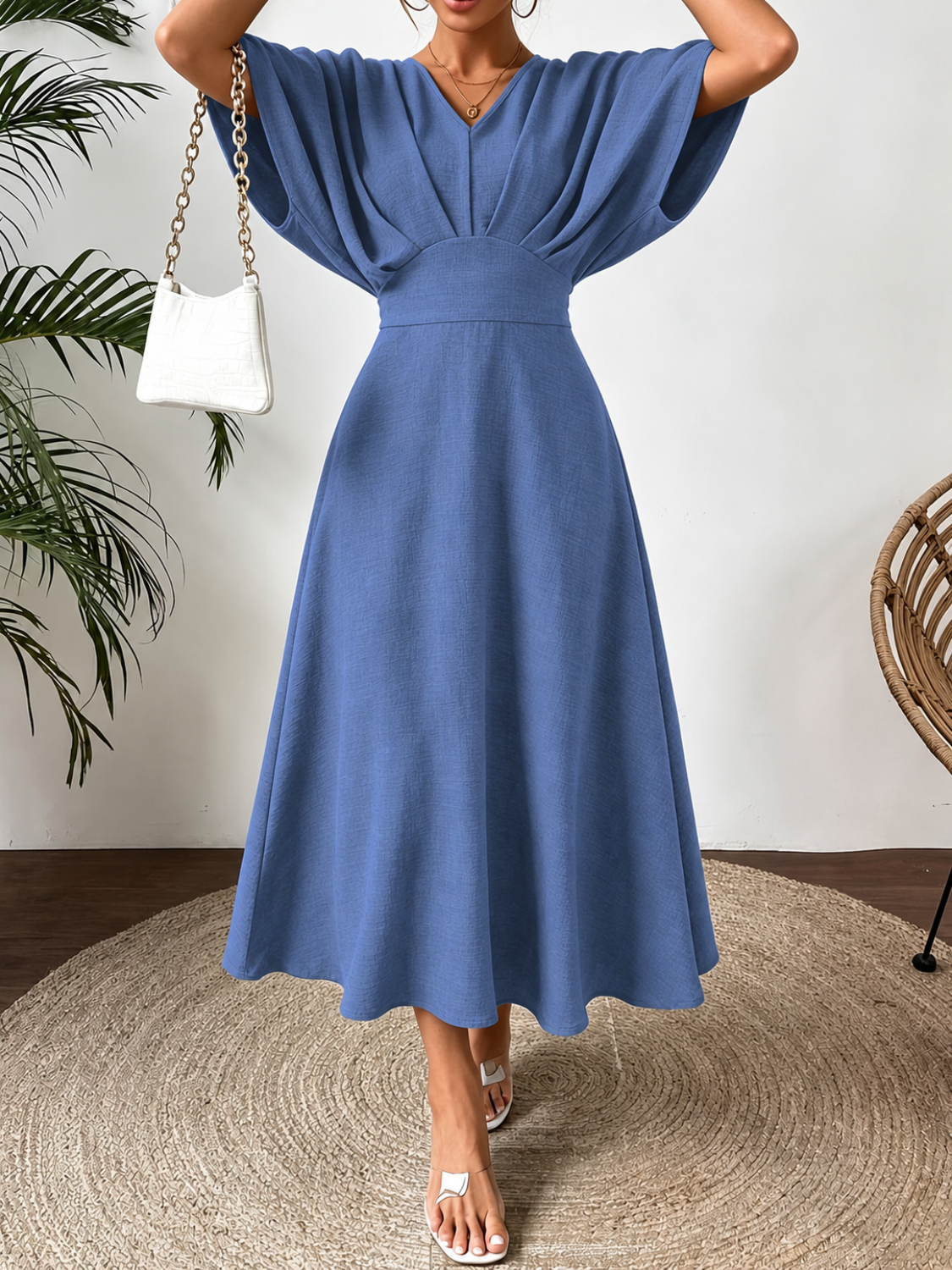 Vestido Midi Evasê Acinturado com Manga Morcego Decote V- Mayla