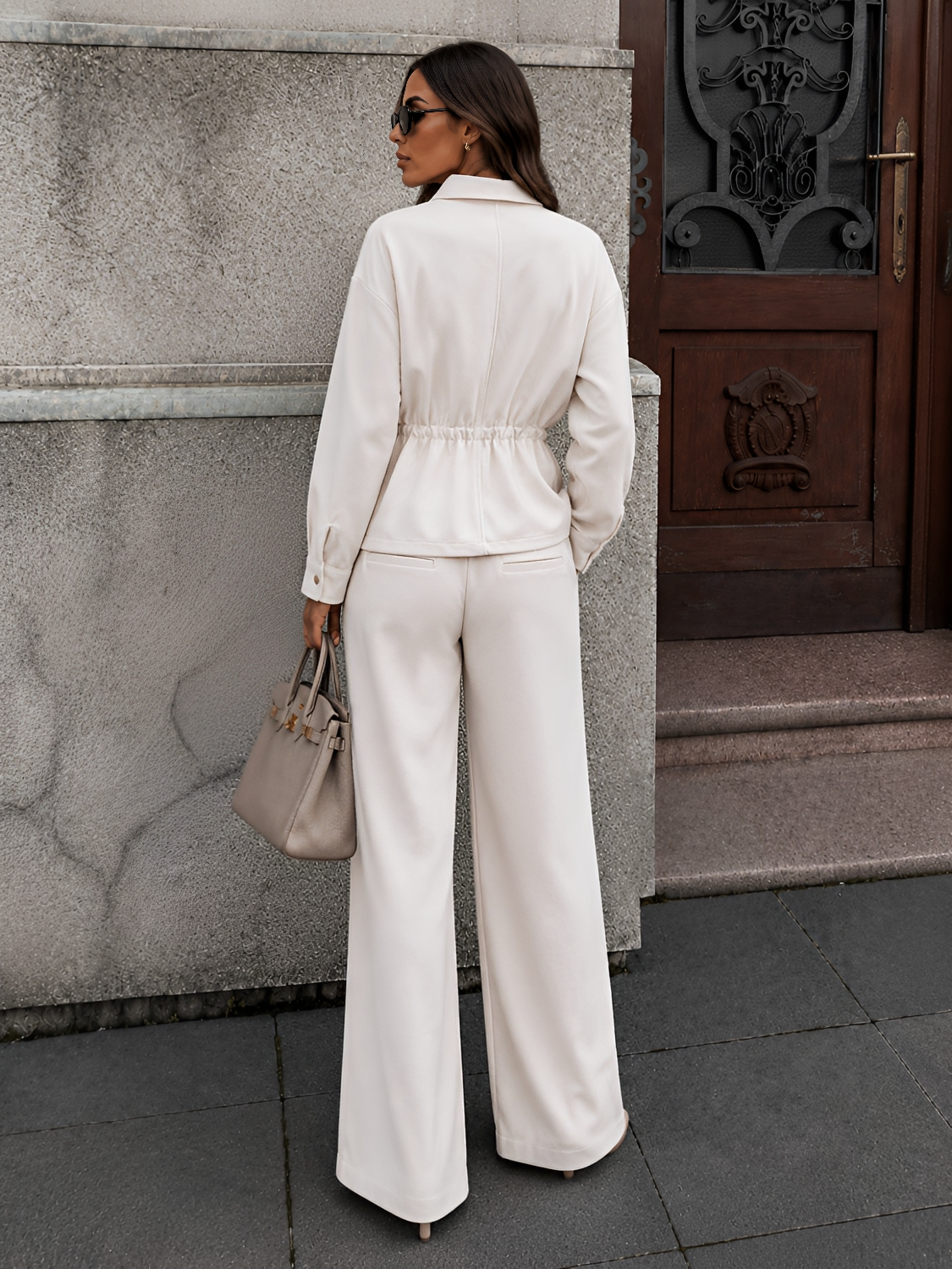 Conjunto em Sarja Jaqueta Oversized Ajustável e Calça Wide Leg - Monique