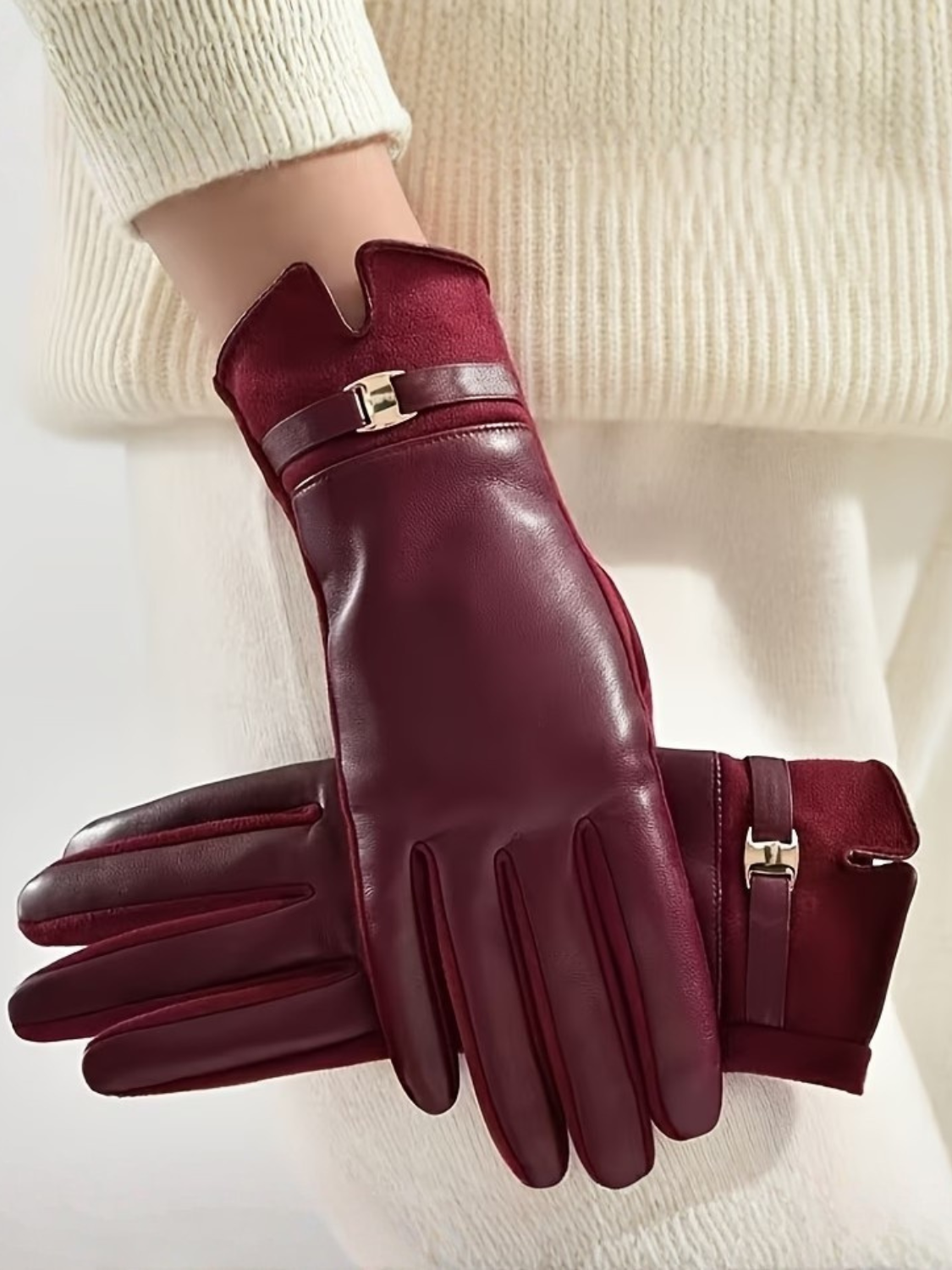 Luva Touch em Couro PU e Suede com Fivela Dourada Elegante - Kimberly