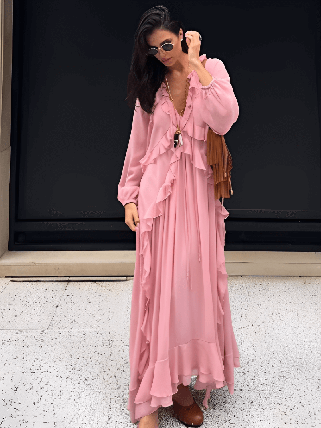 Vestido Longo em Chiffon com Babados Decote em V e Mangas Longas – Amelie