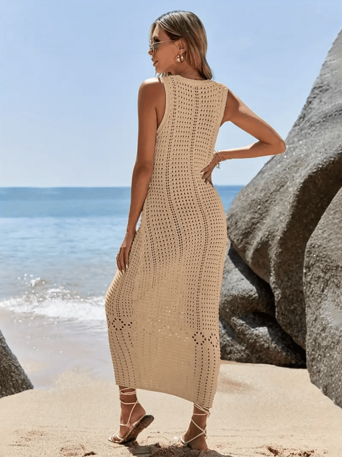 Vestido Midi em Crochê Vazado Com Decote V e Alças Largas – Samantha