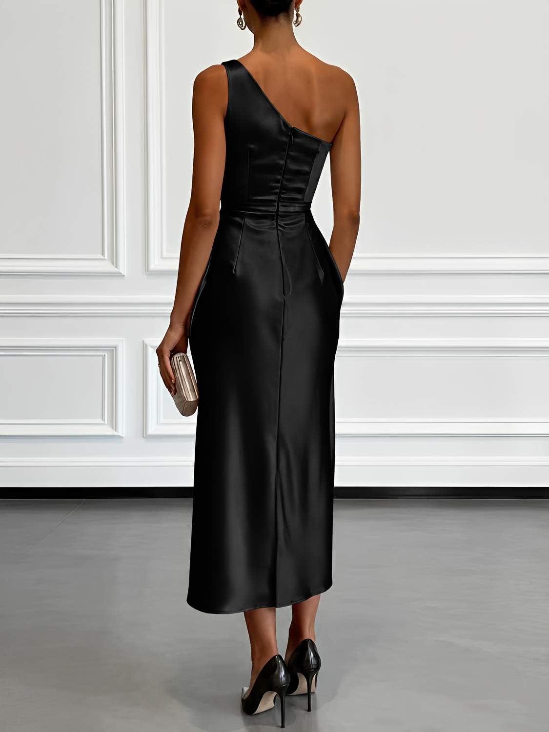 Vestido Midi Acetinado Acinturado com Decote Assimétrico e Drapeado Elegante - Penelope