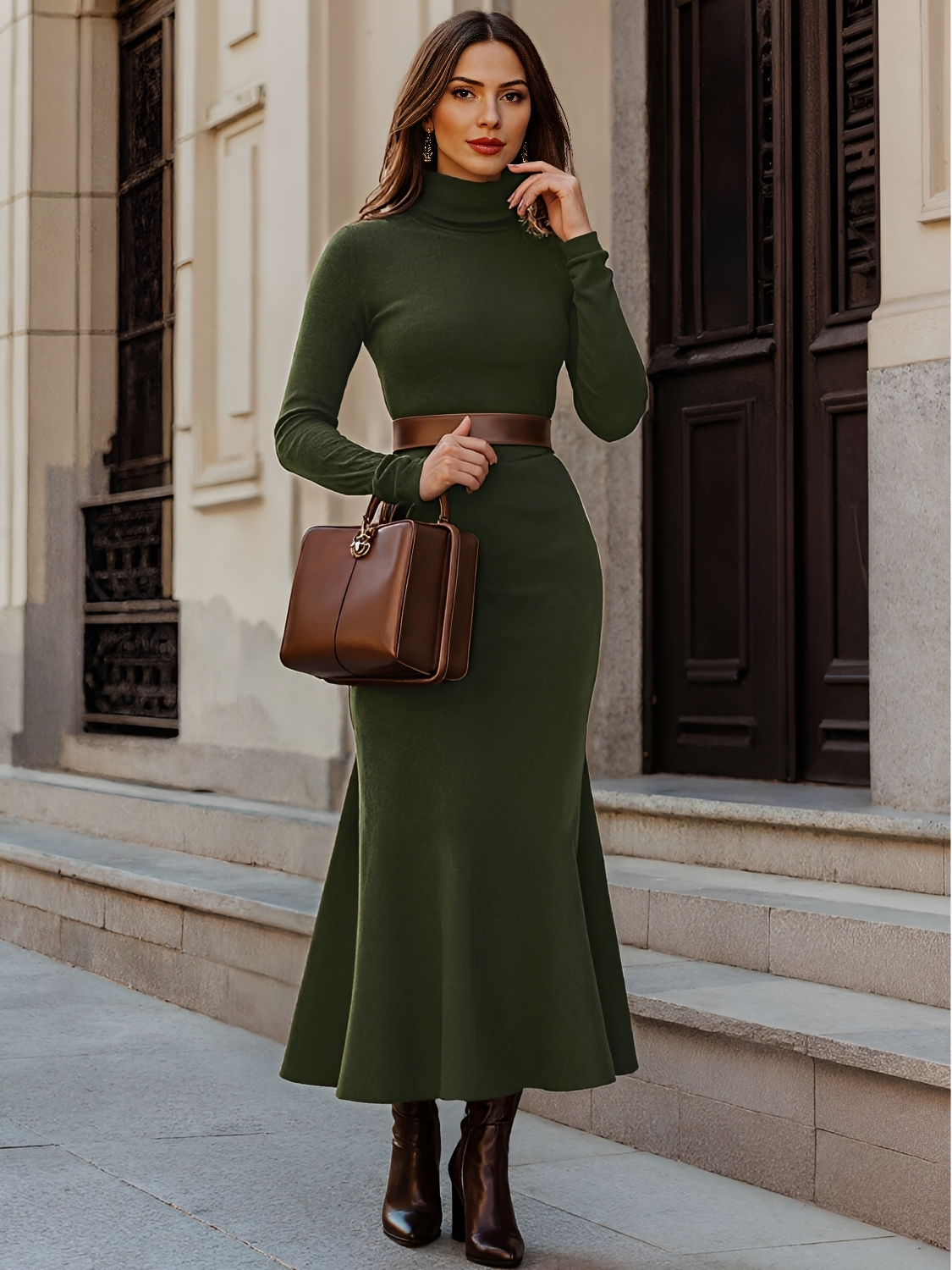 Vestido Maxi Modelagem Evasê com Gola Alta e Manga Longa – Thamara