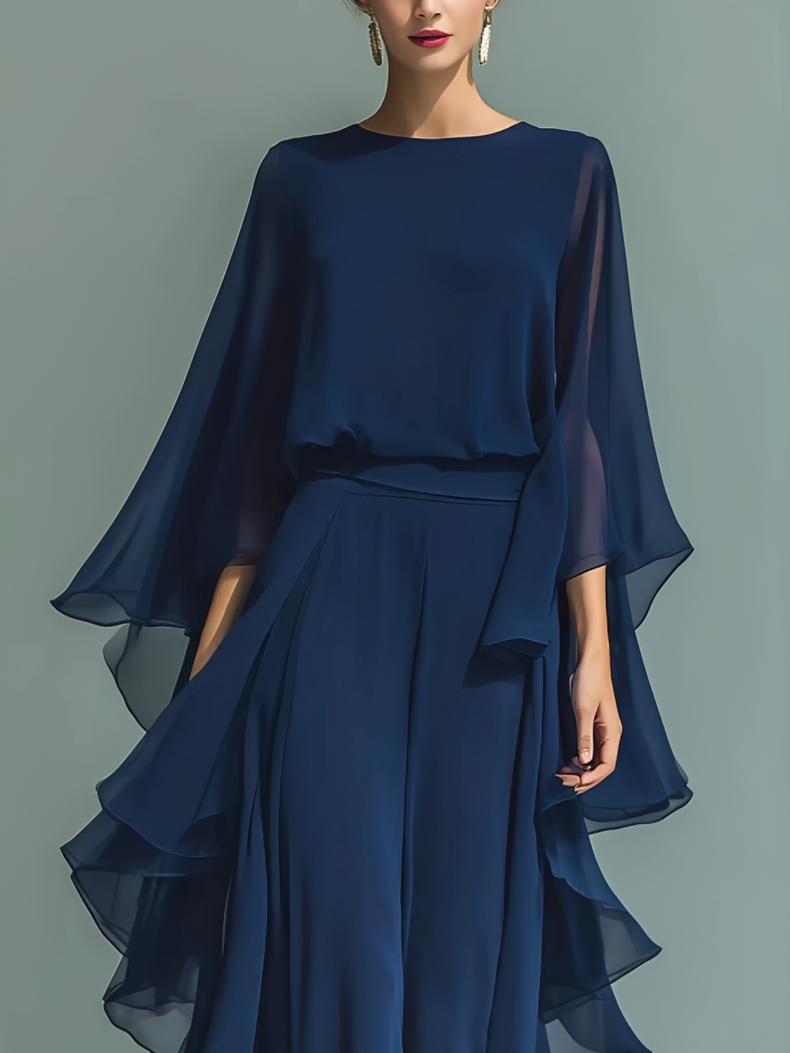 Conjunto em Chiffon com Blusa Manga Morcego e Calça em Camadas - Anelise