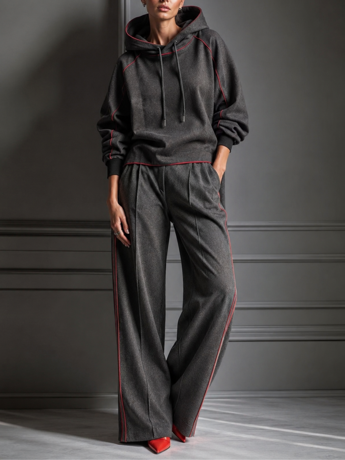 Conjunto Esportivo Casaco Capuz e Calça Wide Leg com Faixa Lateral- Darla