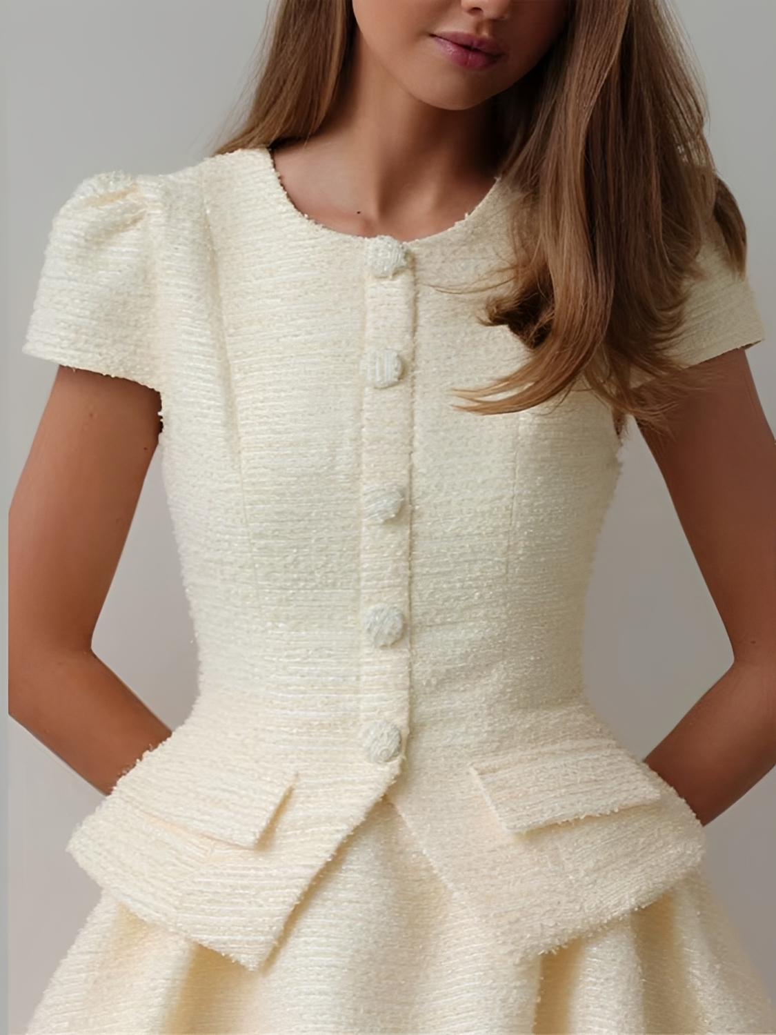 Conjunto em Tweed Blusa Manga Bufante Estruturada e Saia Balonê – Nari