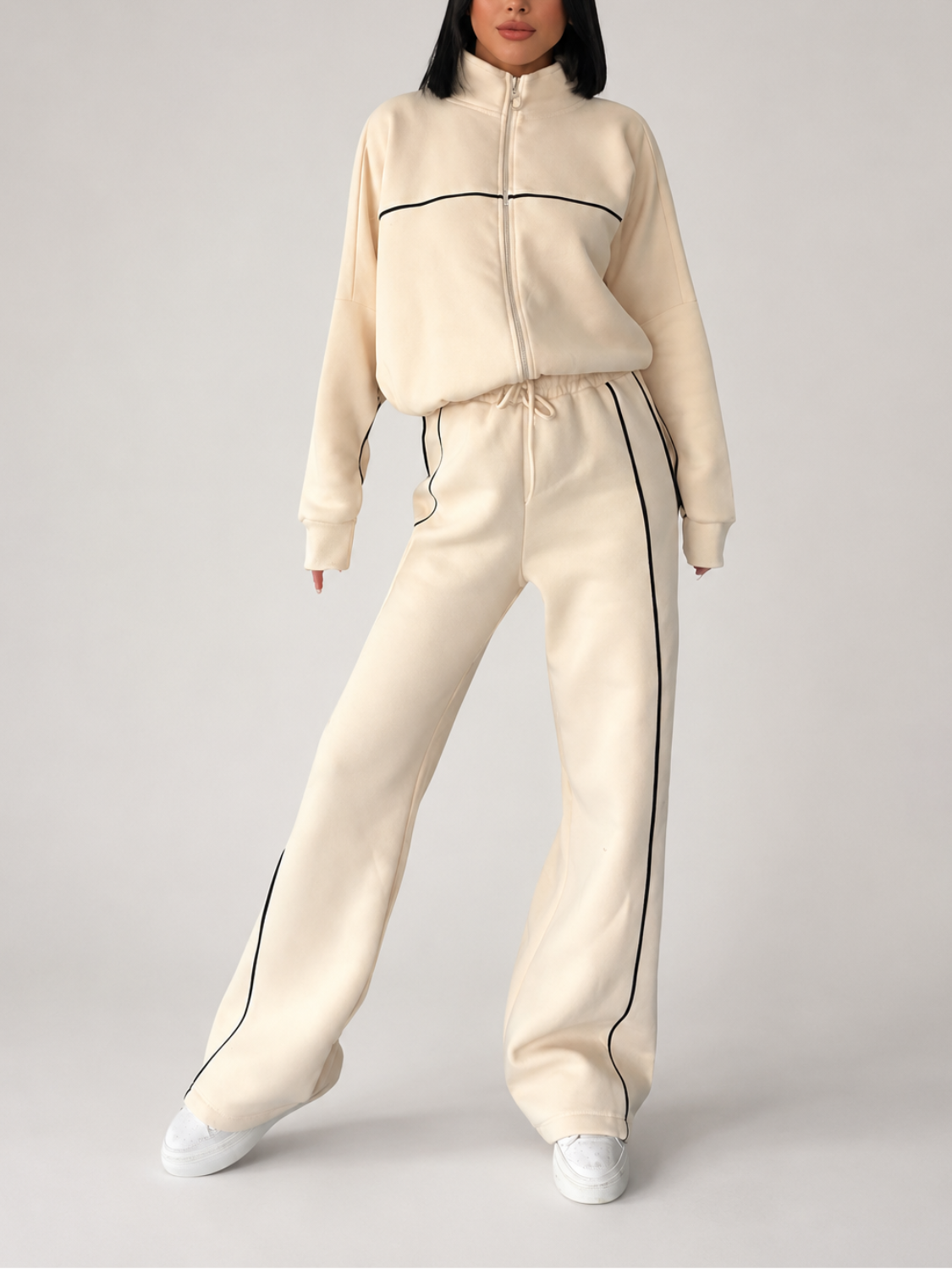 Conjunto Esportivo com Listras Casaco de Zíper e Calça Wide Leg - Pabline
