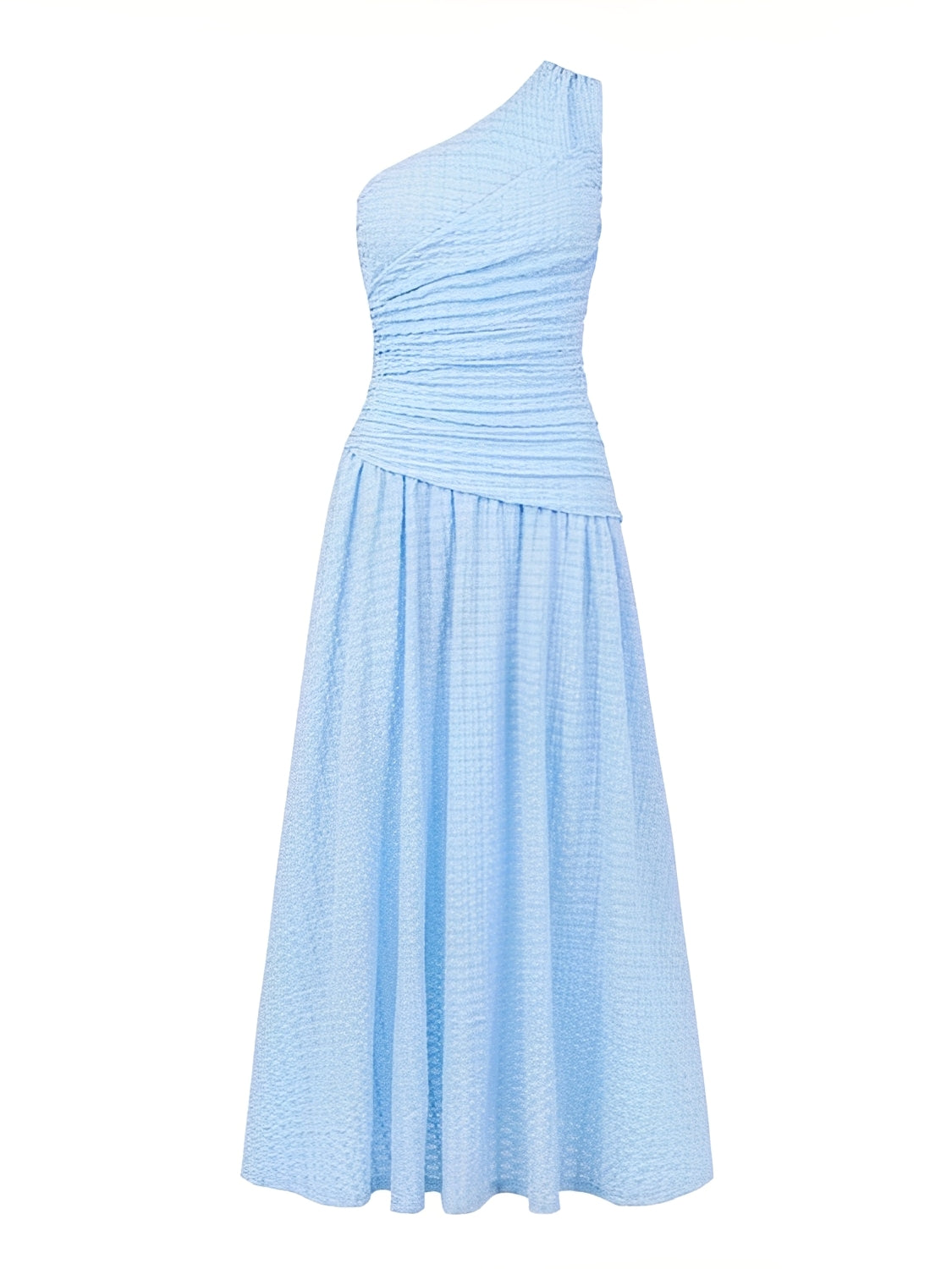 Vestido Longo Texturizado Ombro Assimétrico com Cintura Franzida- Thalita
