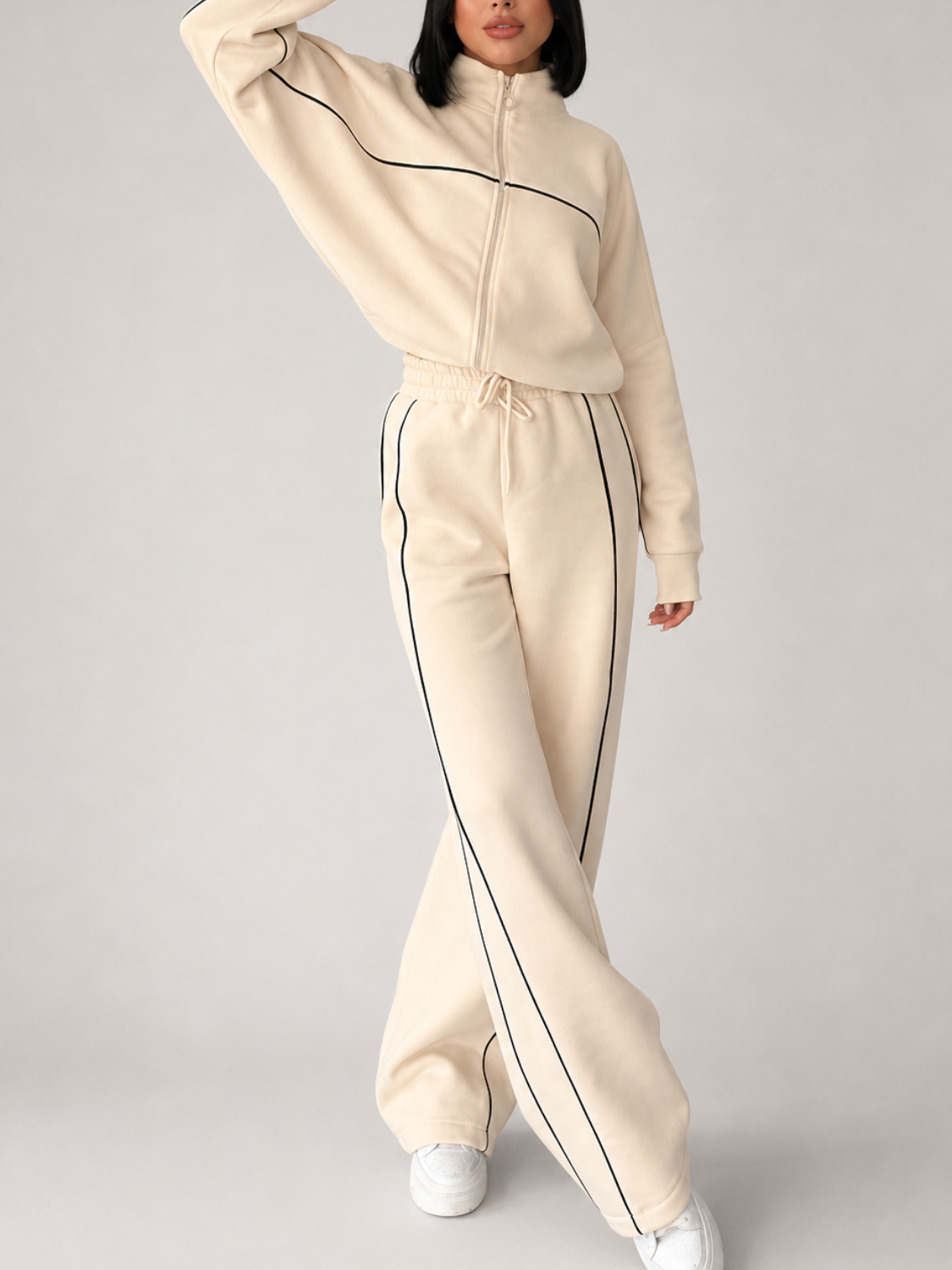 Conjunto Esportivo com Listras Casaco de Zíper e Calça Wide Leg - Pabline