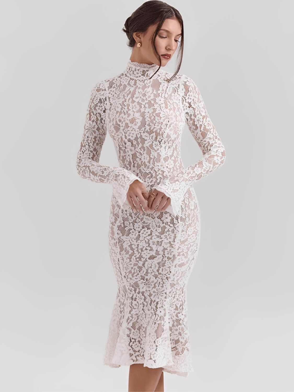 Vestido Midi Godê em Renda Floral de Gola Alta e Manga Flare – Nagyla