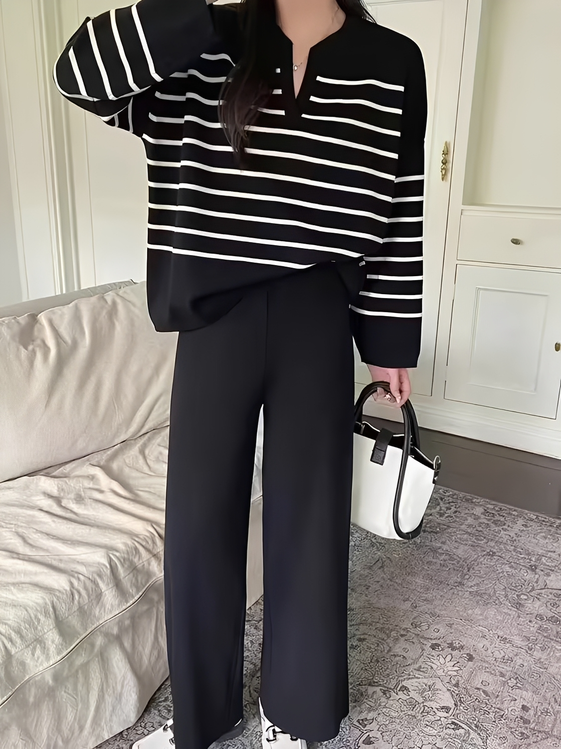 Conjunto em Tricô com Suéter Oversized Listrado e Calça Wide Leg - Caroline