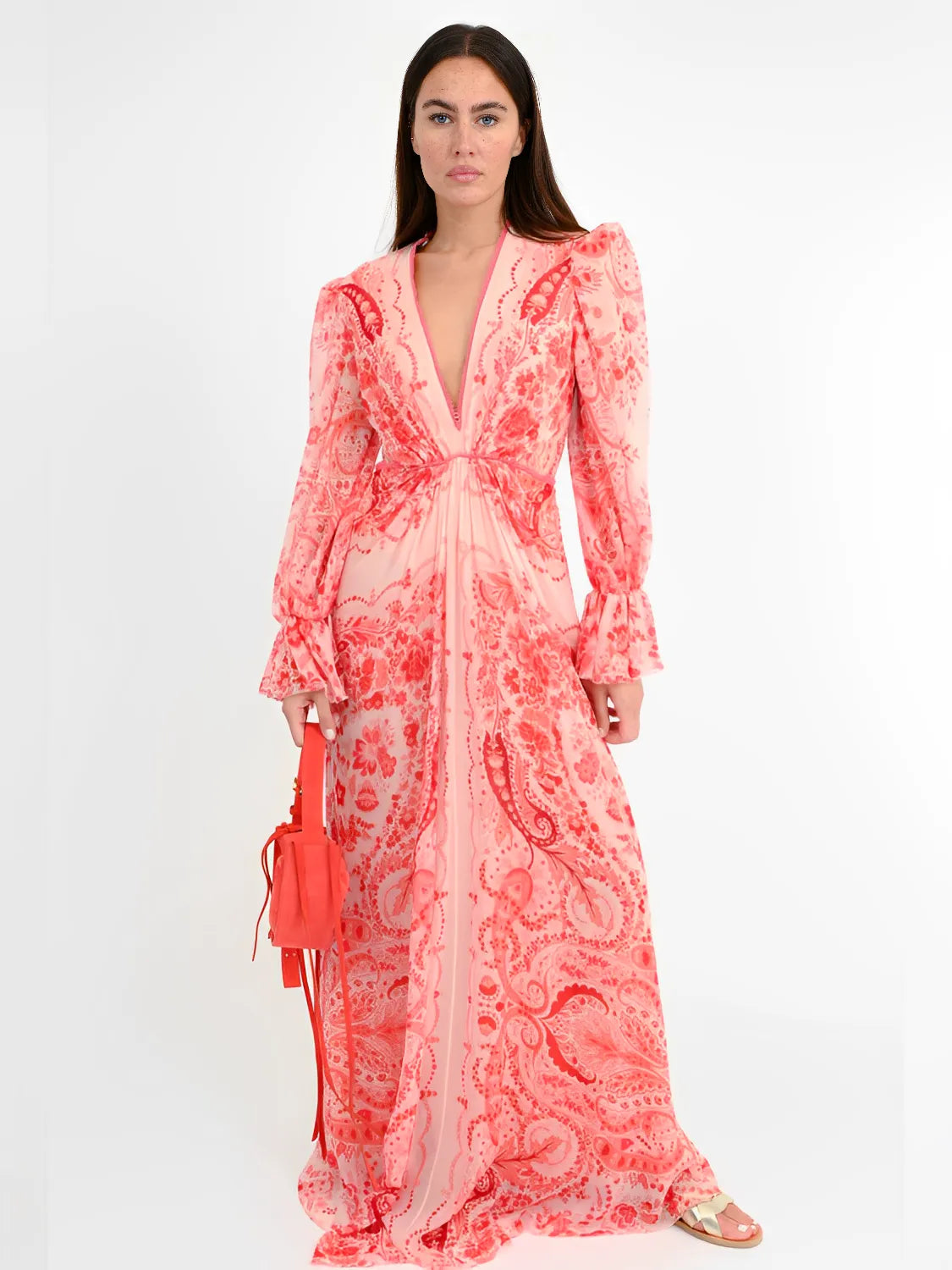 Vestido Longo Estampado Acinturado com Mangas Longas Elegantes – Clarisse