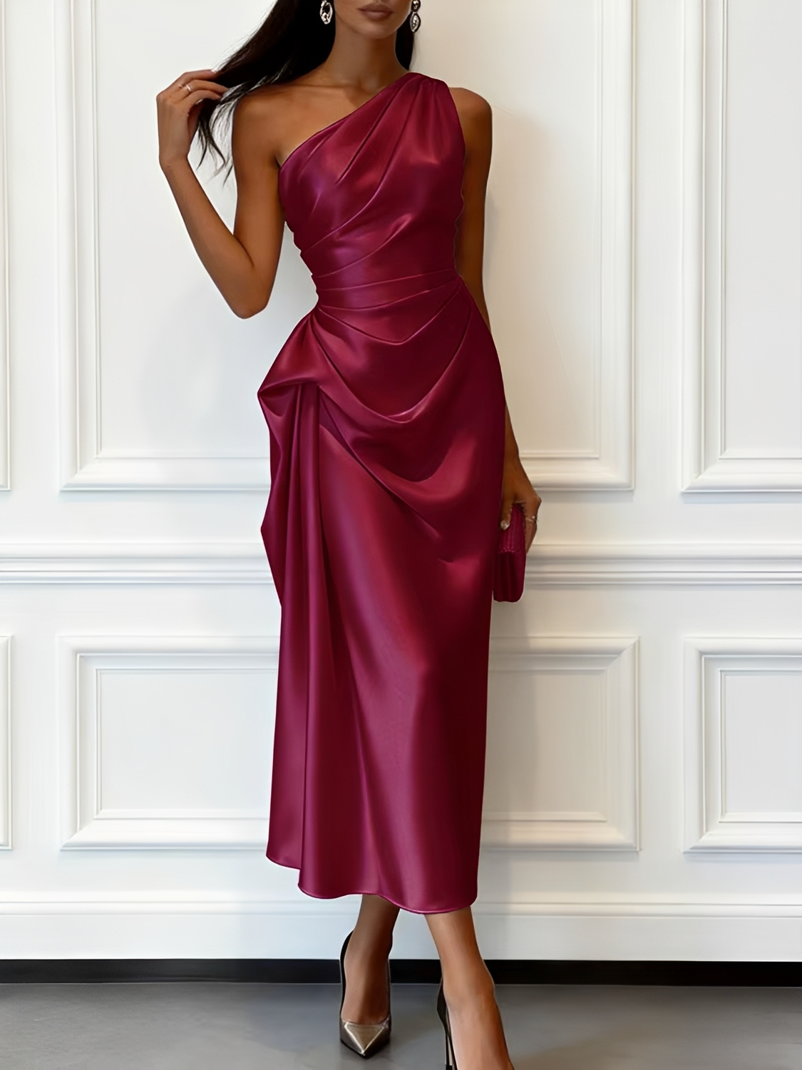 Vestido Midi Acetinado Acinturado com Decote Assimétrico e Drapeado Elegante - Penelope