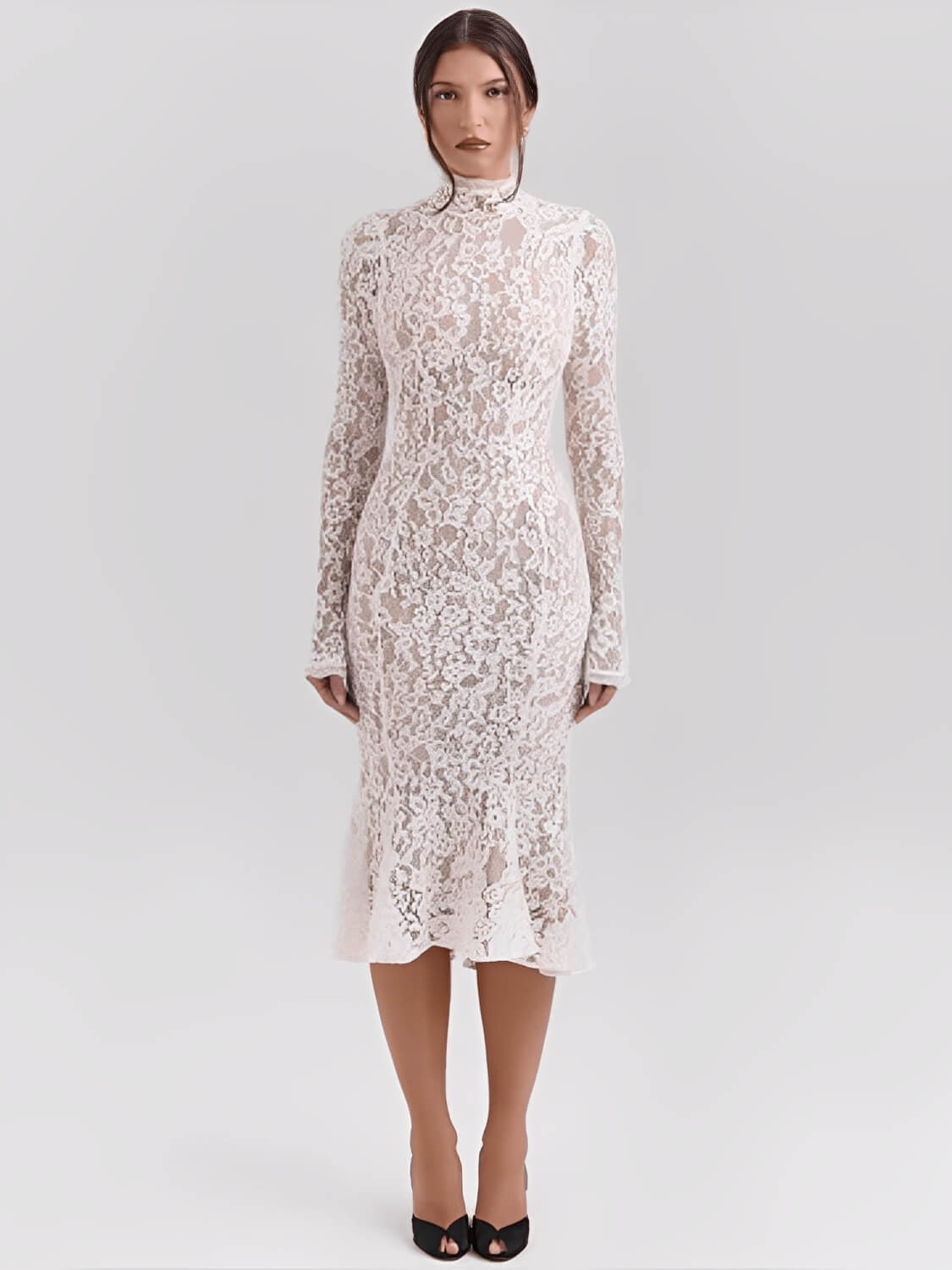Vestido Midi Godê em Renda Floral de Gola Alta e Manga Flare – Nagyla
