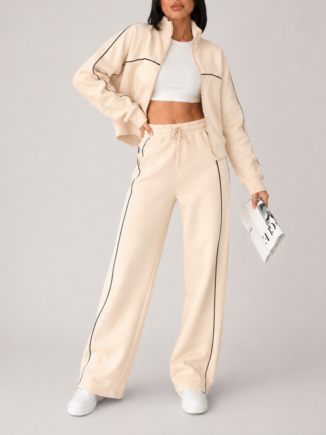 Conjunto Esportivo com Listras Casaco de Zíper e Calça Wide Leg - Pabline