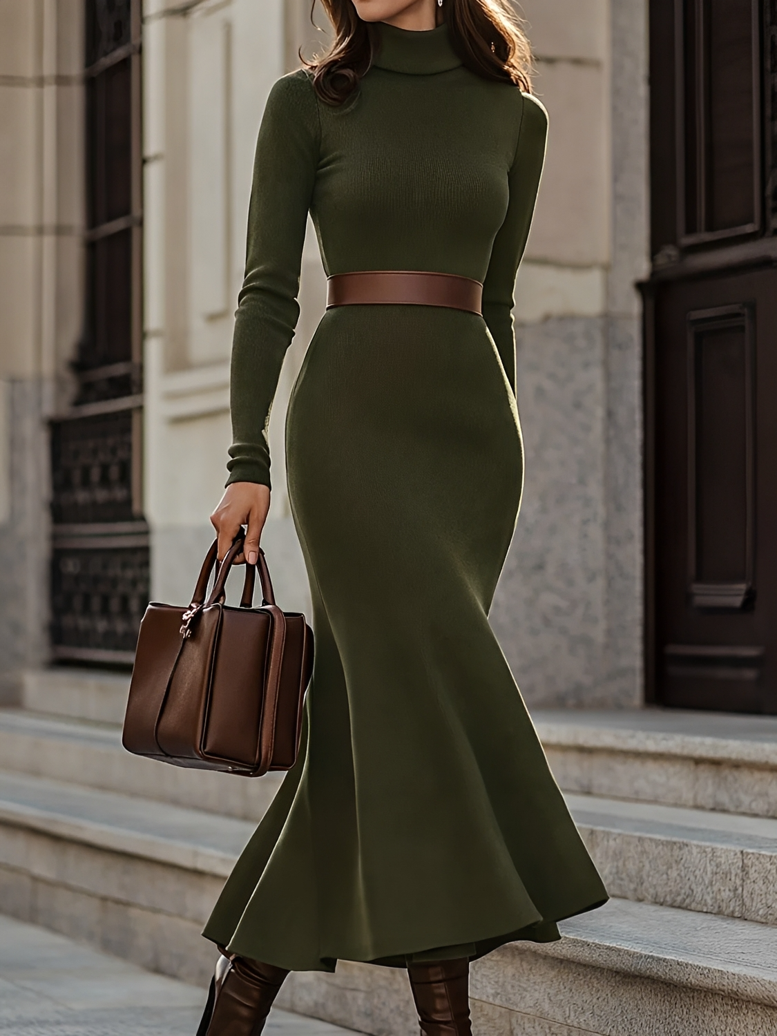 Vestido Maxi Modelagem Evasê com Gola Alta e Manga Longa – Thamara