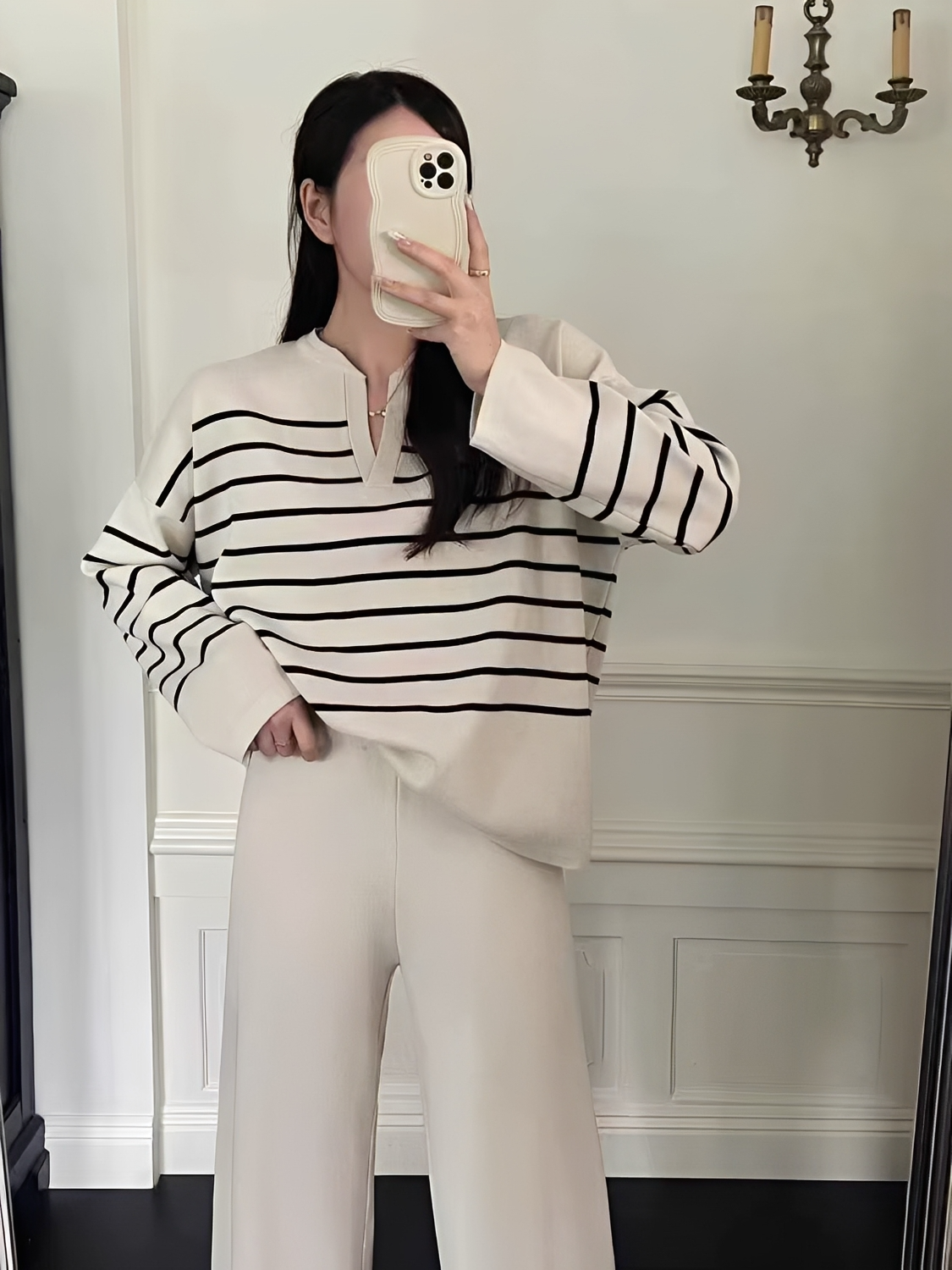 Conjunto em Tricô com Suéter Oversized Listrado e Calça Wide Leg - Caroline