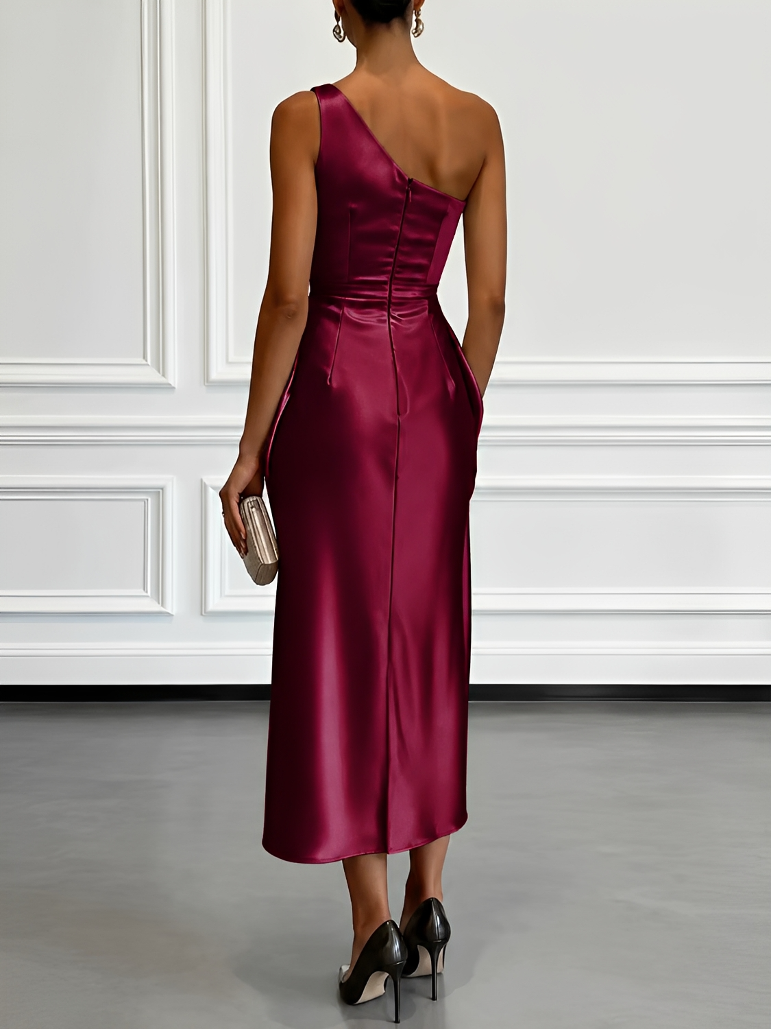 Vestido Midi Acetinado Acinturado com Decote Assimétrico e Drapeado Elegante - Penelope