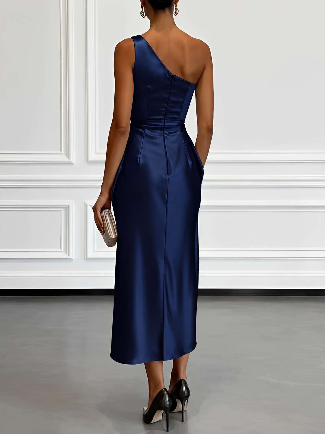Vestido Midi Acetinado Acinturado com Decote Assimétrico e Drapeado Elegante - Penelope