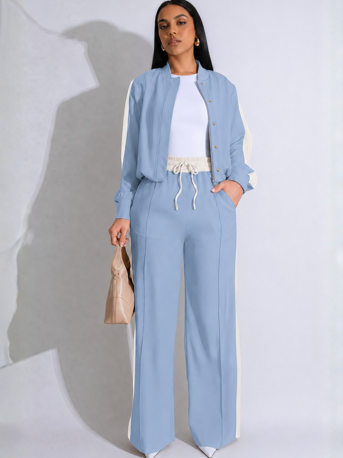 Conjunto Esportivo com Jaqueta Bomber e Calça Wide Leg Ajustável- Zaia