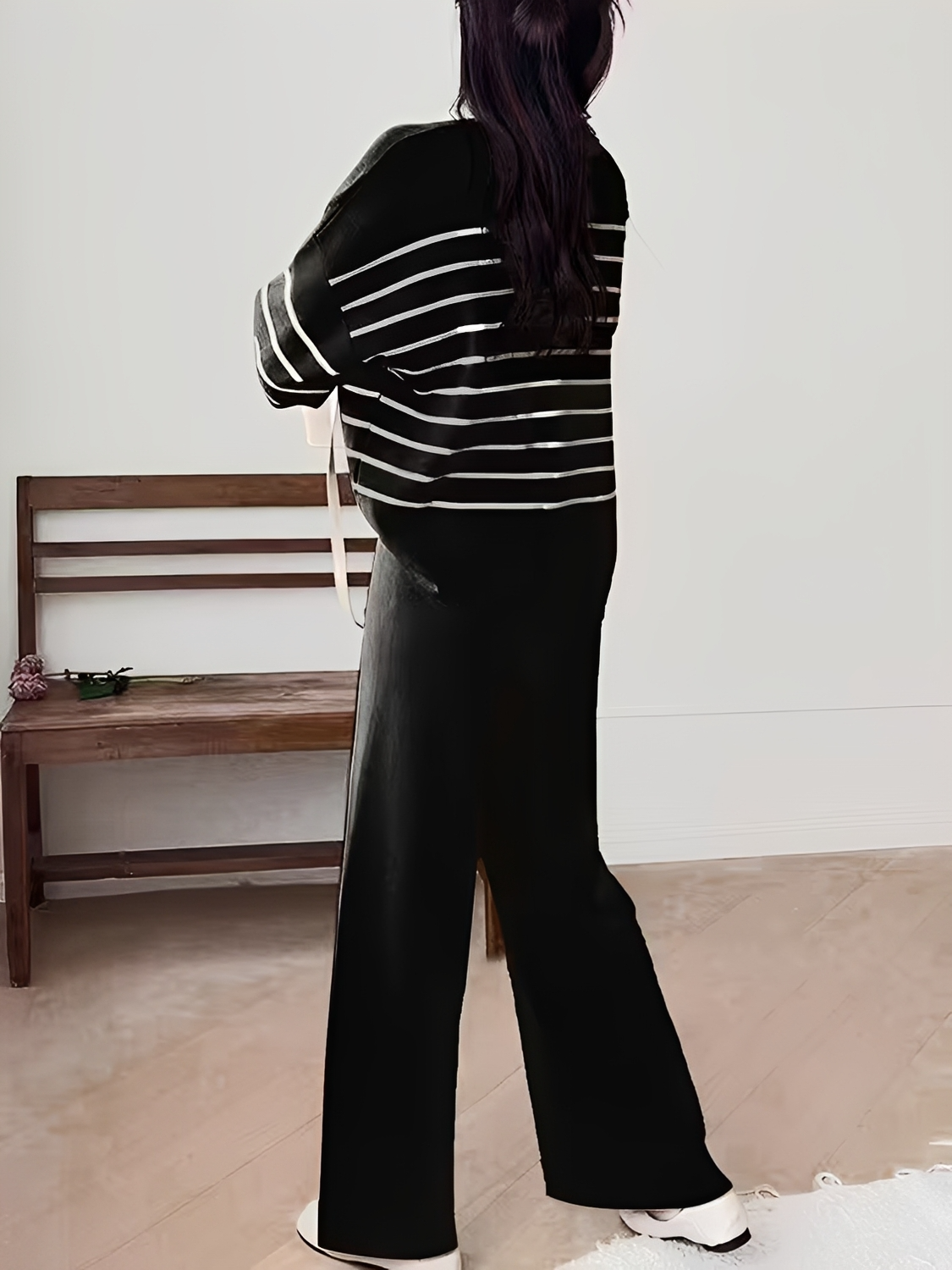 Conjunto em Tricô com Suéter Oversized Listrado e Calça Wide Leg - Caroline