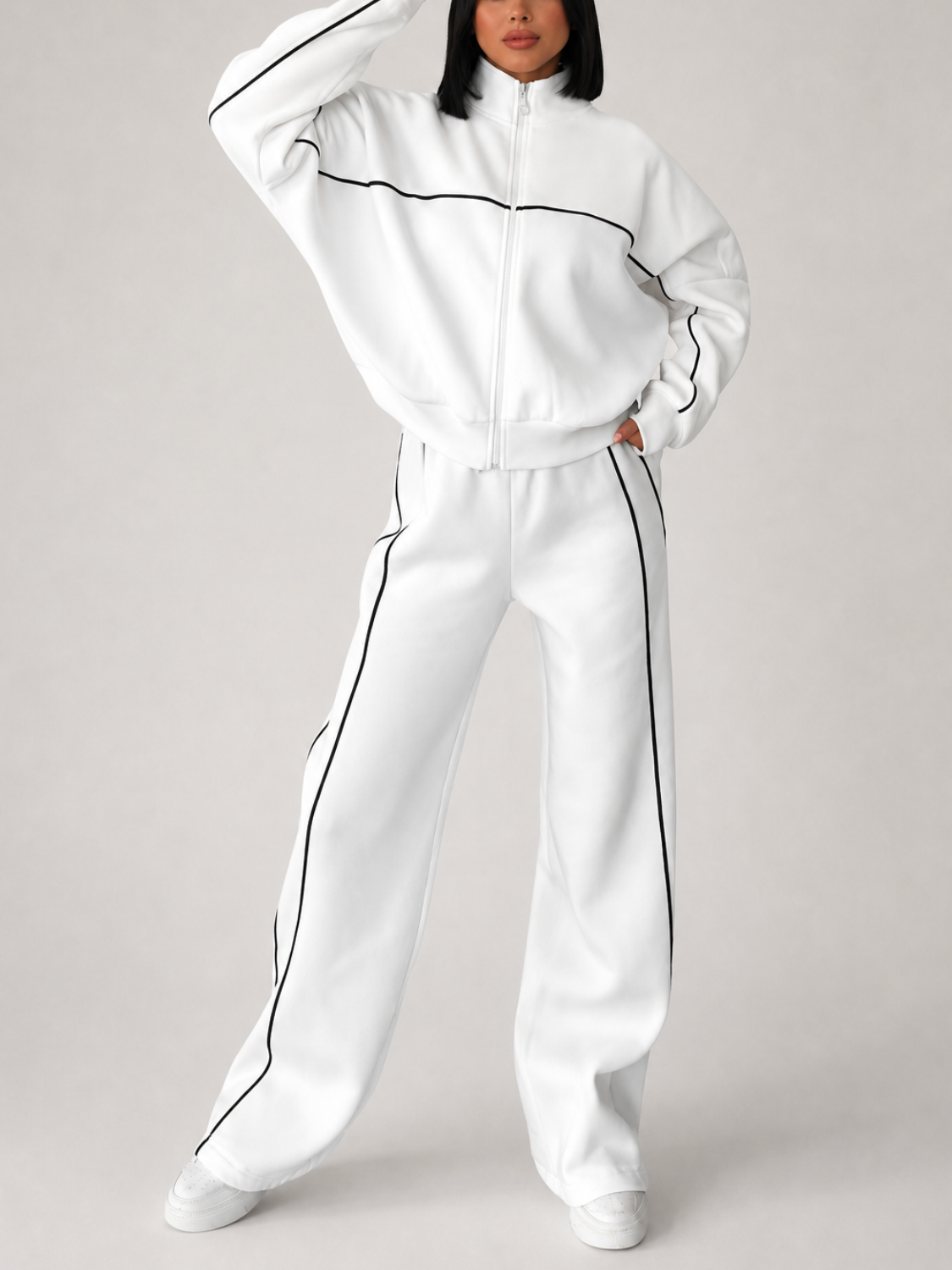 Conjunto Esportivo com Listras Casaco de Zíper e Calça Wide Leg - Pabline