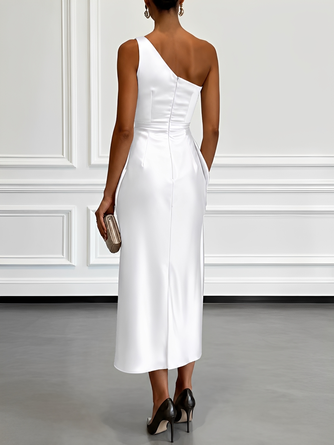Vestido Midi Acetinado Acinturado com Decote Assimétrico e Drapeado Elegante - Penelope
