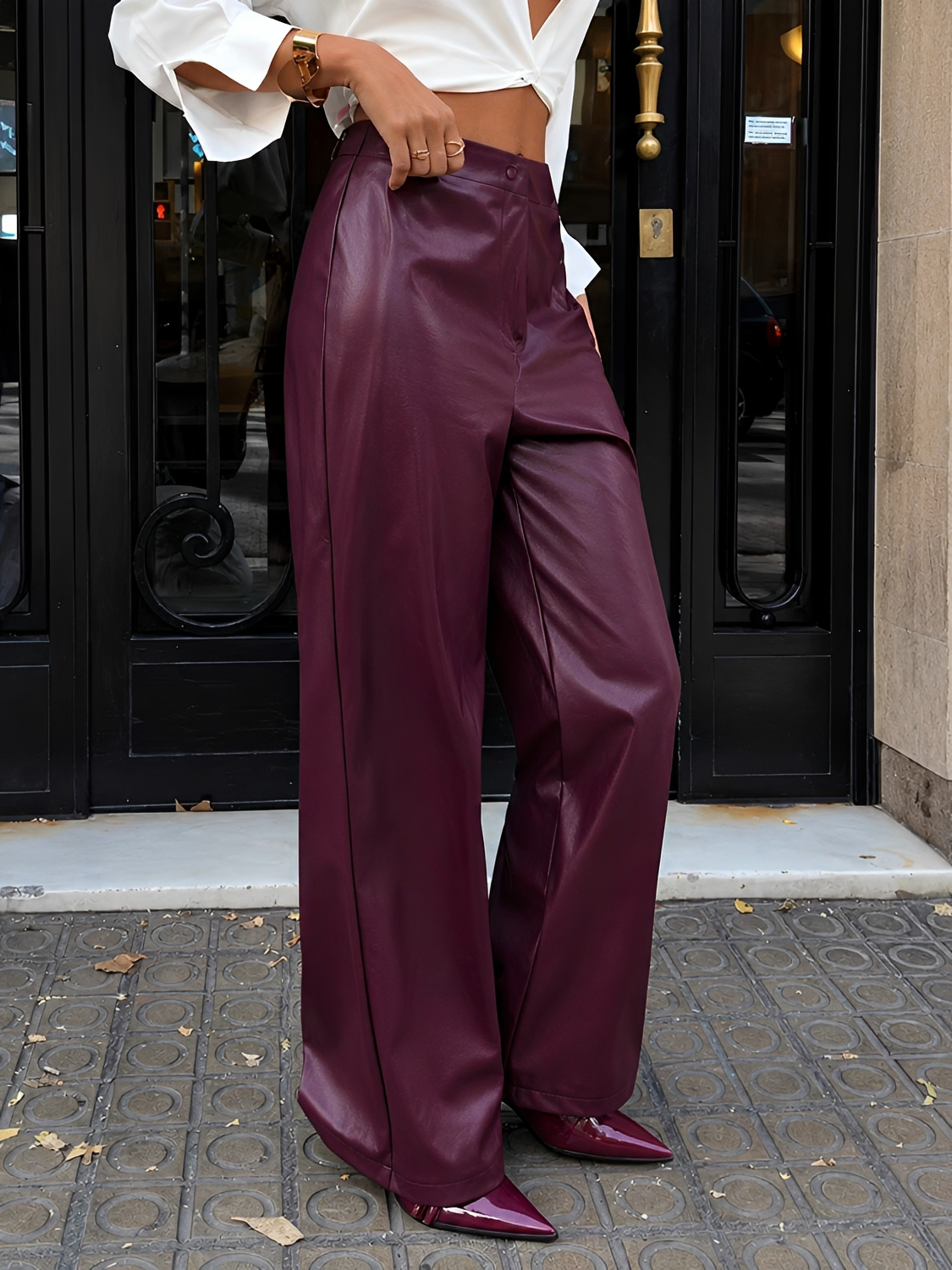 Calça Pantalona Wide Leg em Couro PU Cintura Alta - Beatrice