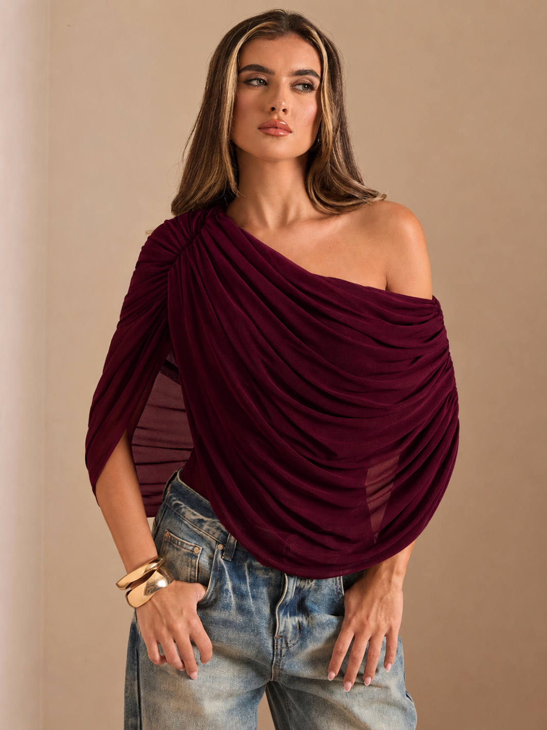 Body Estruturado com Sobreposição Assimétrica em Chiffon Drapeado - Léa