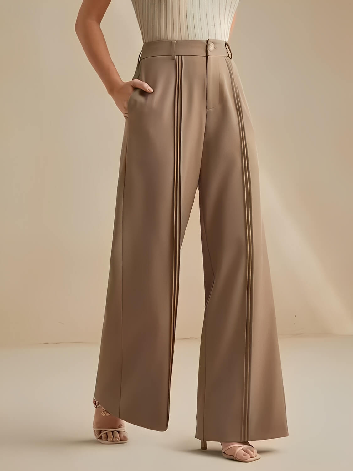 Calça Pantalona de Alfaiataria Cintura Alta com Pregas Verticais – Jade